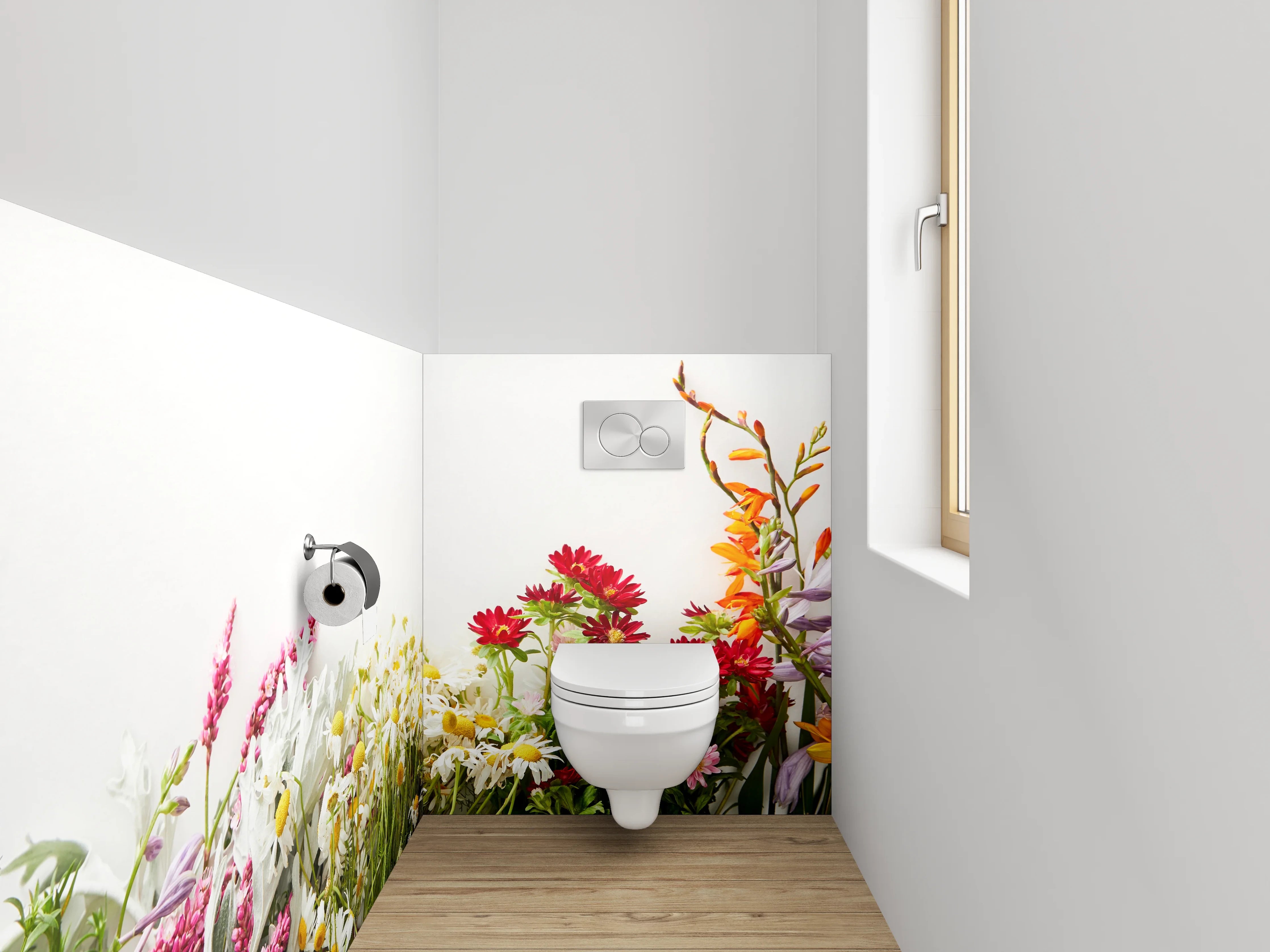 WC-Rückwand - Bunte Blumen-Wiese auf Weiß