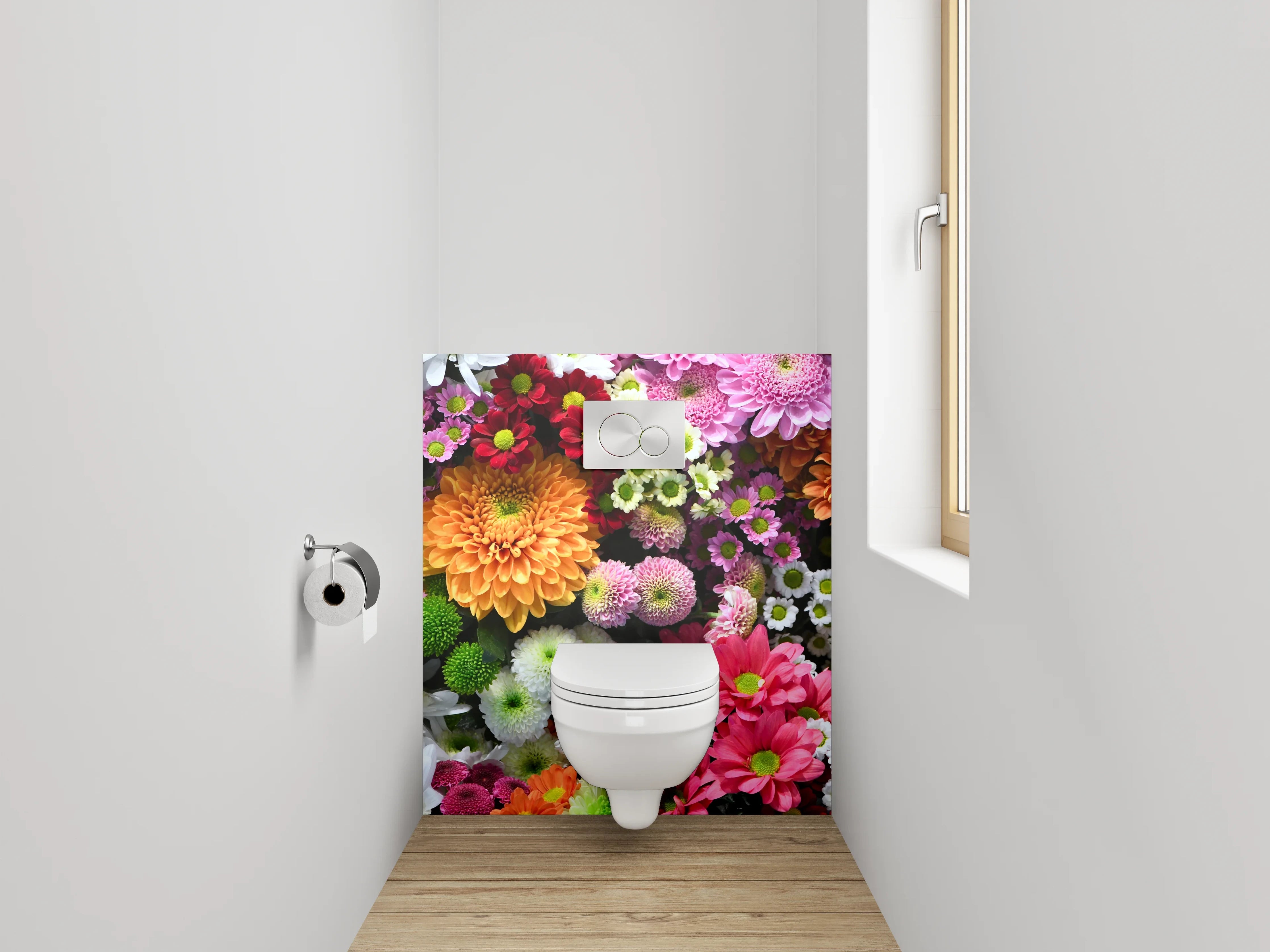 WC-Rückwand - Bunte Blumencollage fürs Badezimmer