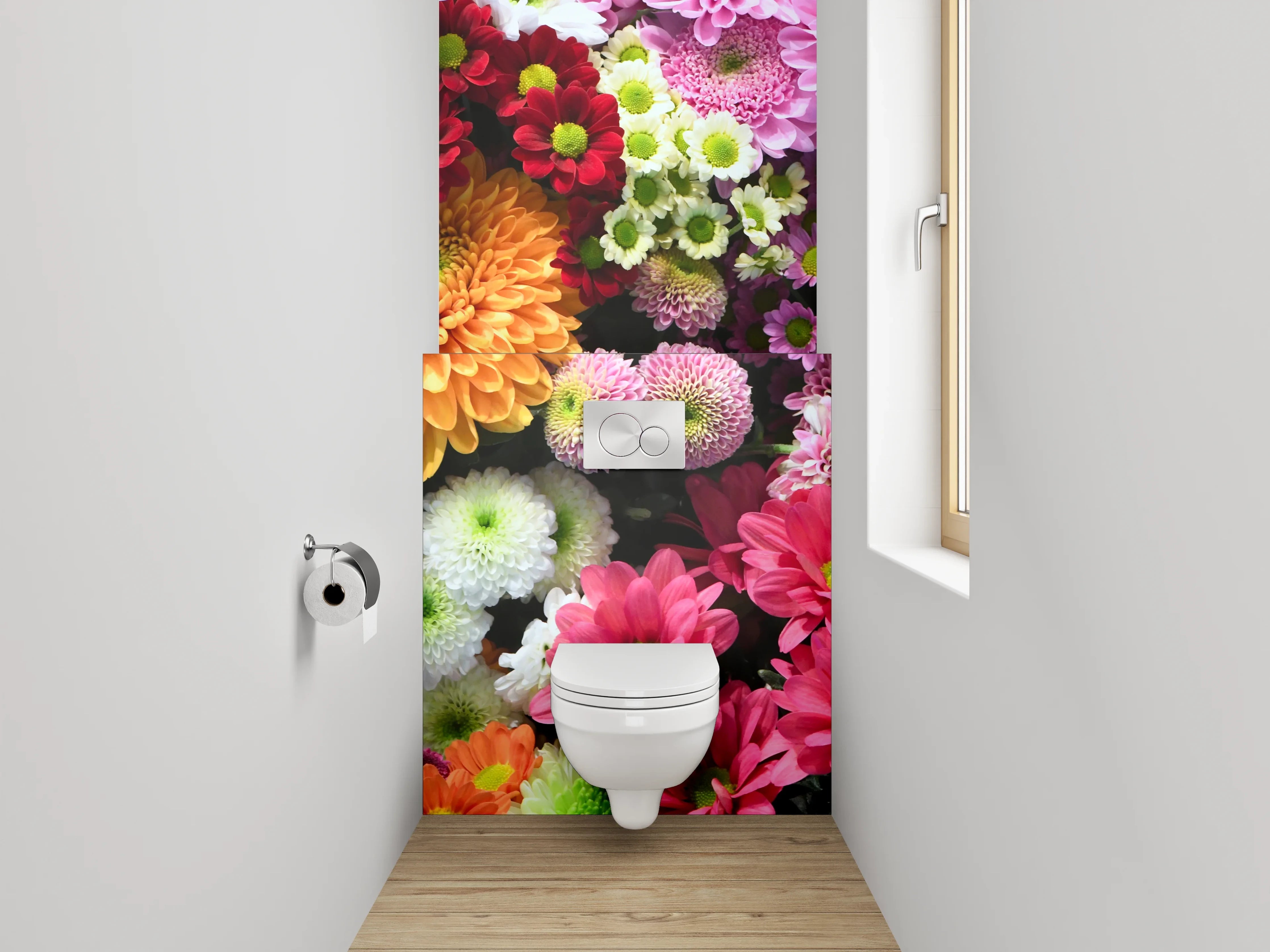 WC-Rückwand - Bunte Blumencollage fürs Badezimmer