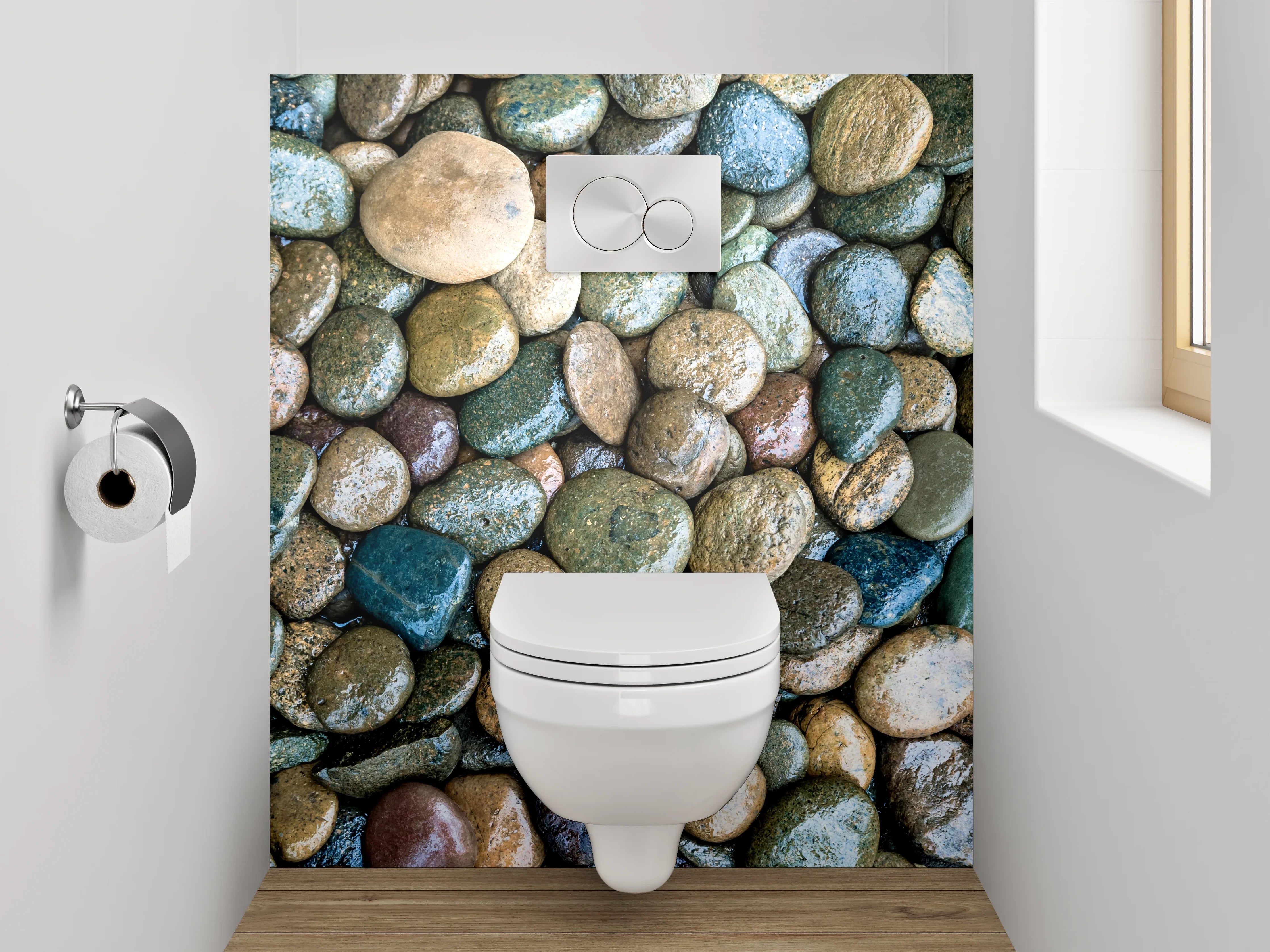 WC-Rückwand - Bunte Kieselsteine auf Kiesbett
