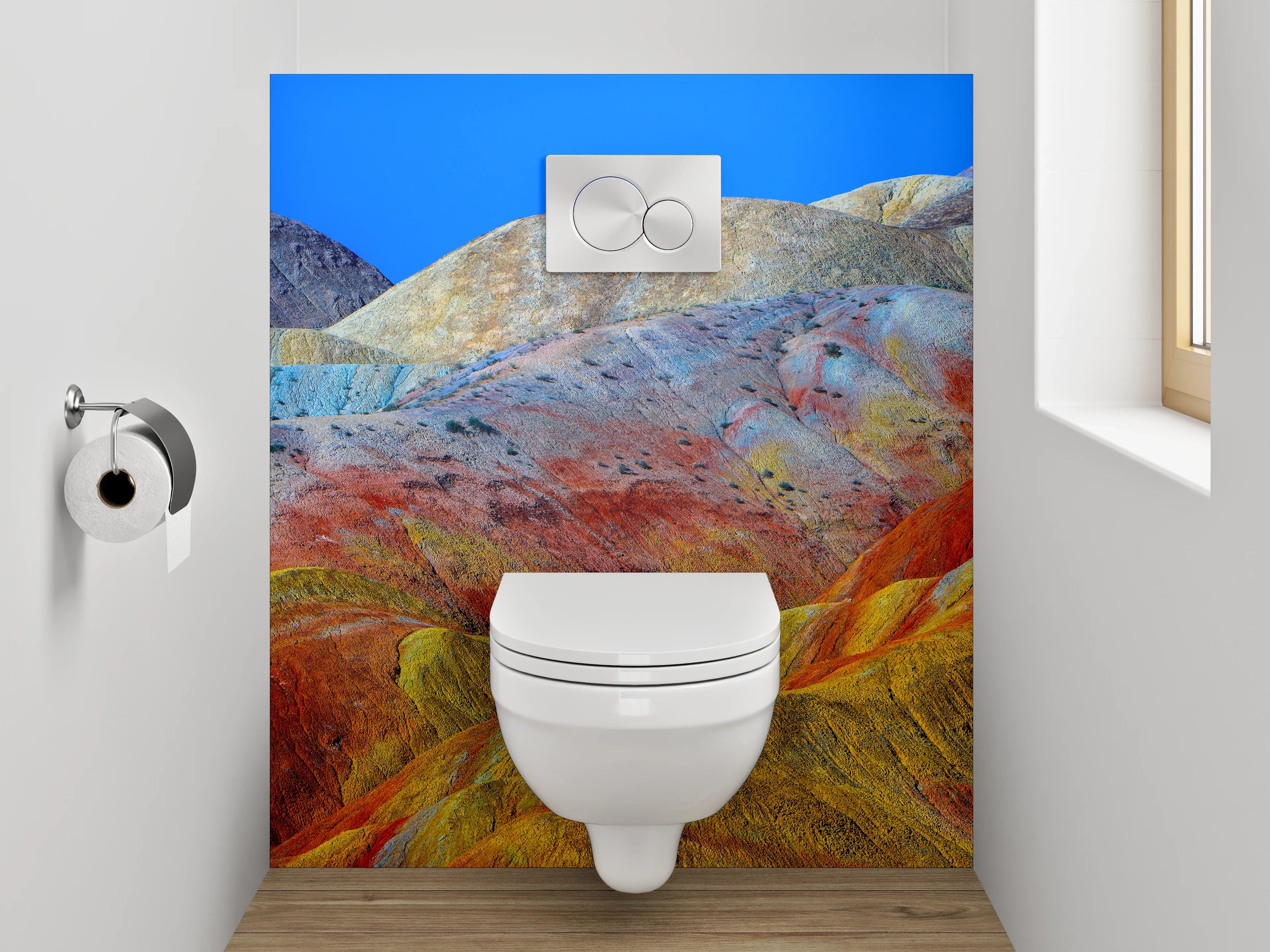 WC-Rückwand - Bunte Landschaft Berge Muster Fototapete
