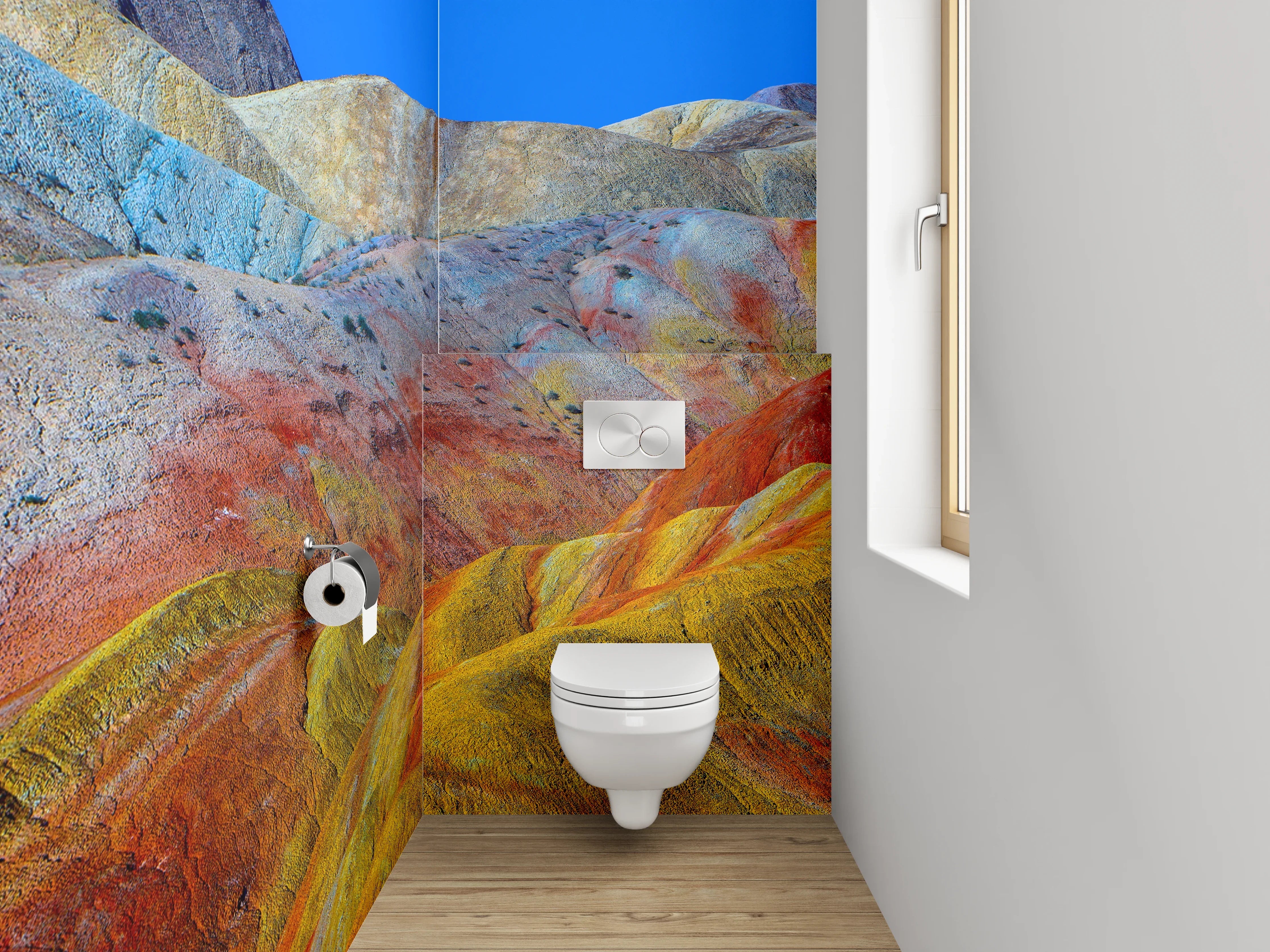 WC-Rückwand - Bunte Landschaft Berge Muster Fototapete
