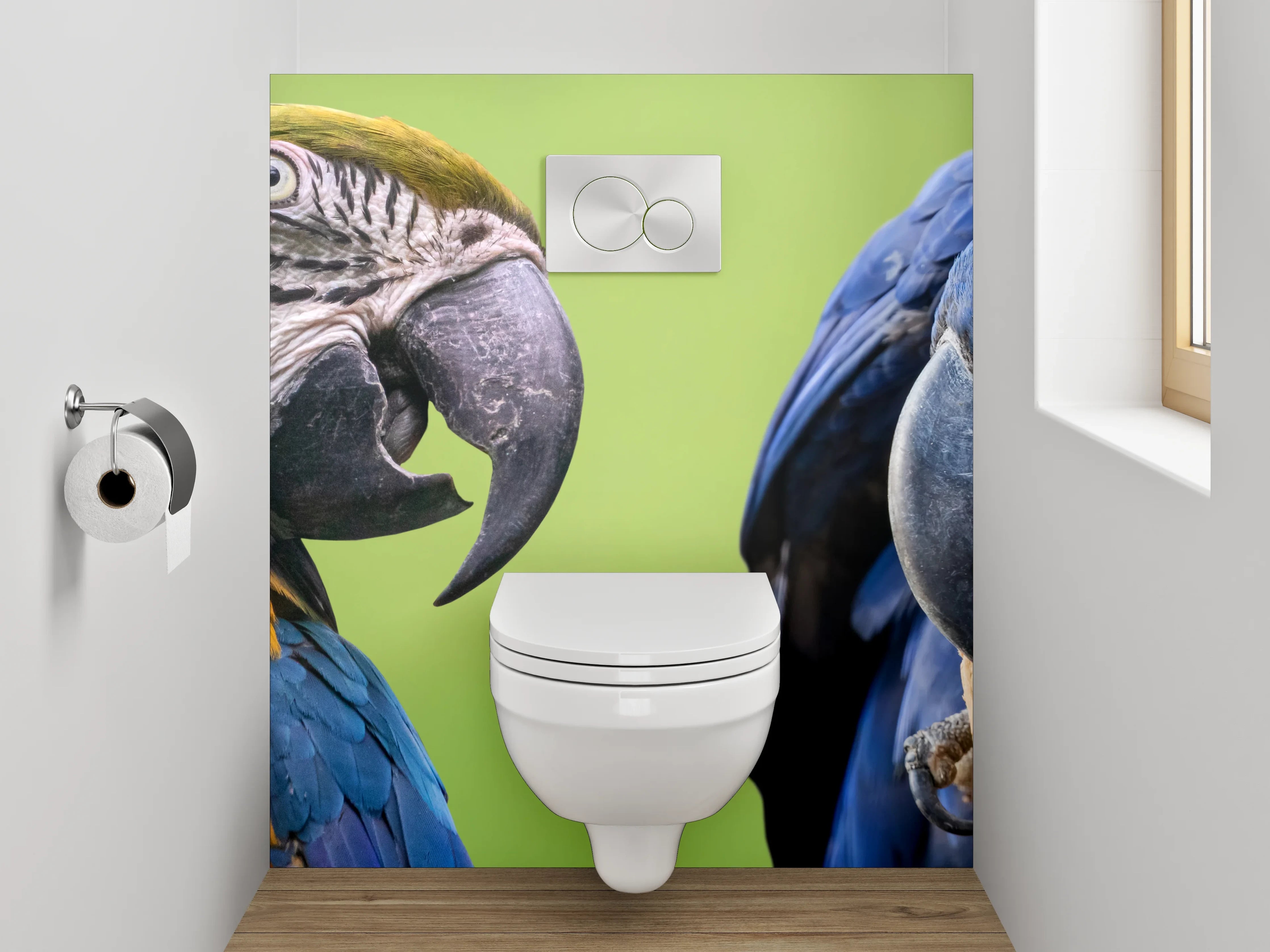WC-Rückwand - Bunte Papageien auf Tropenast