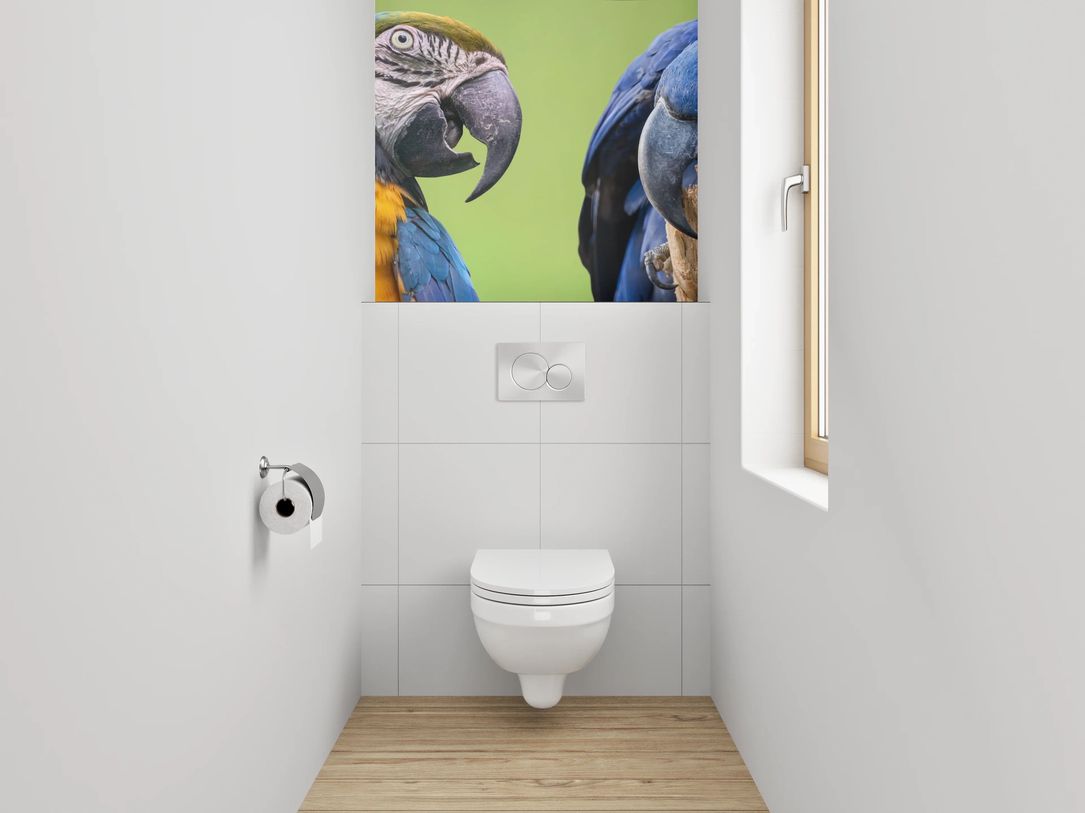 WC-Rückwand - Bunte Papageien auf Tropenast
