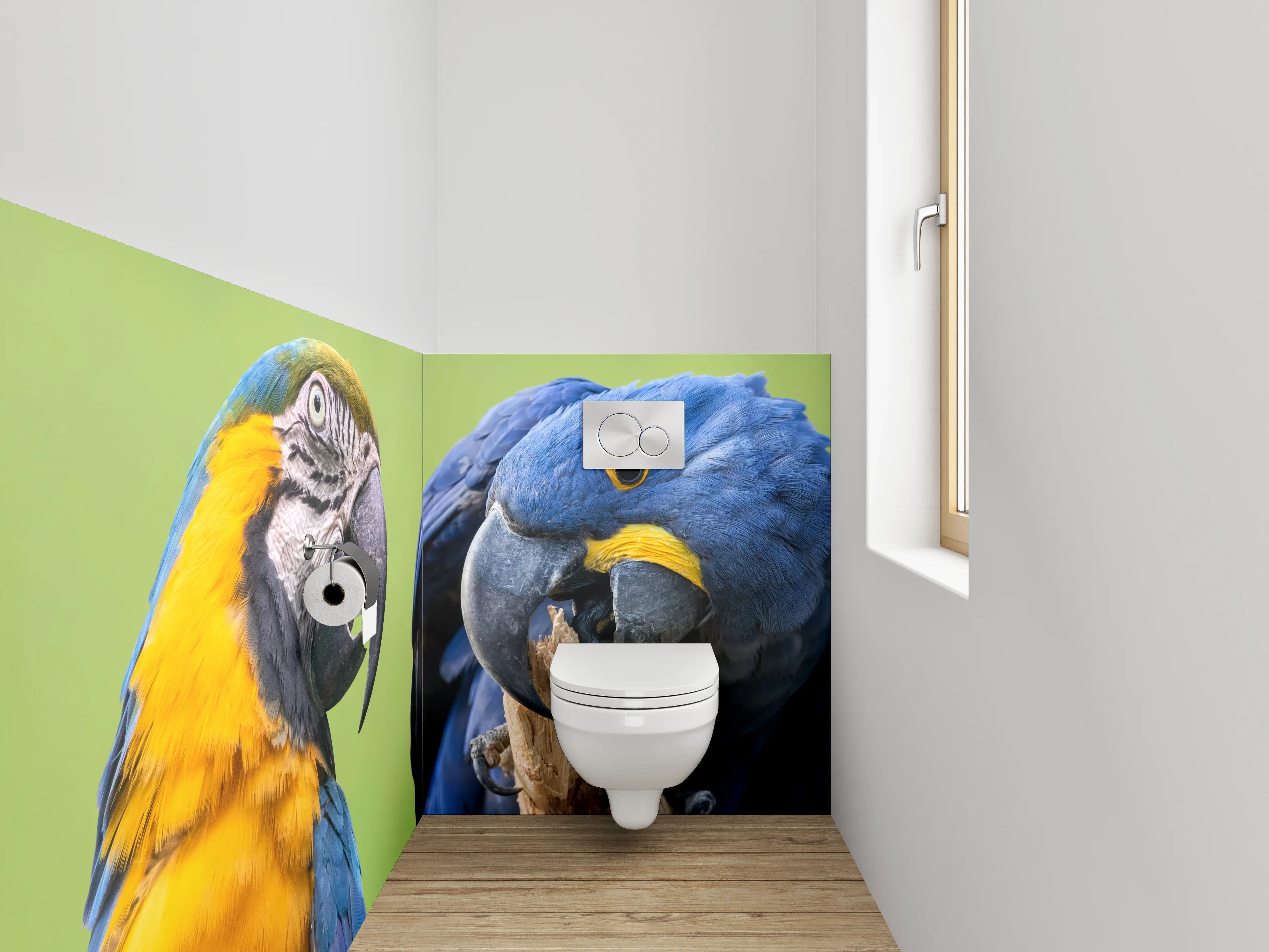 WC-Rückwand - Bunte Papageien auf Tropenast
