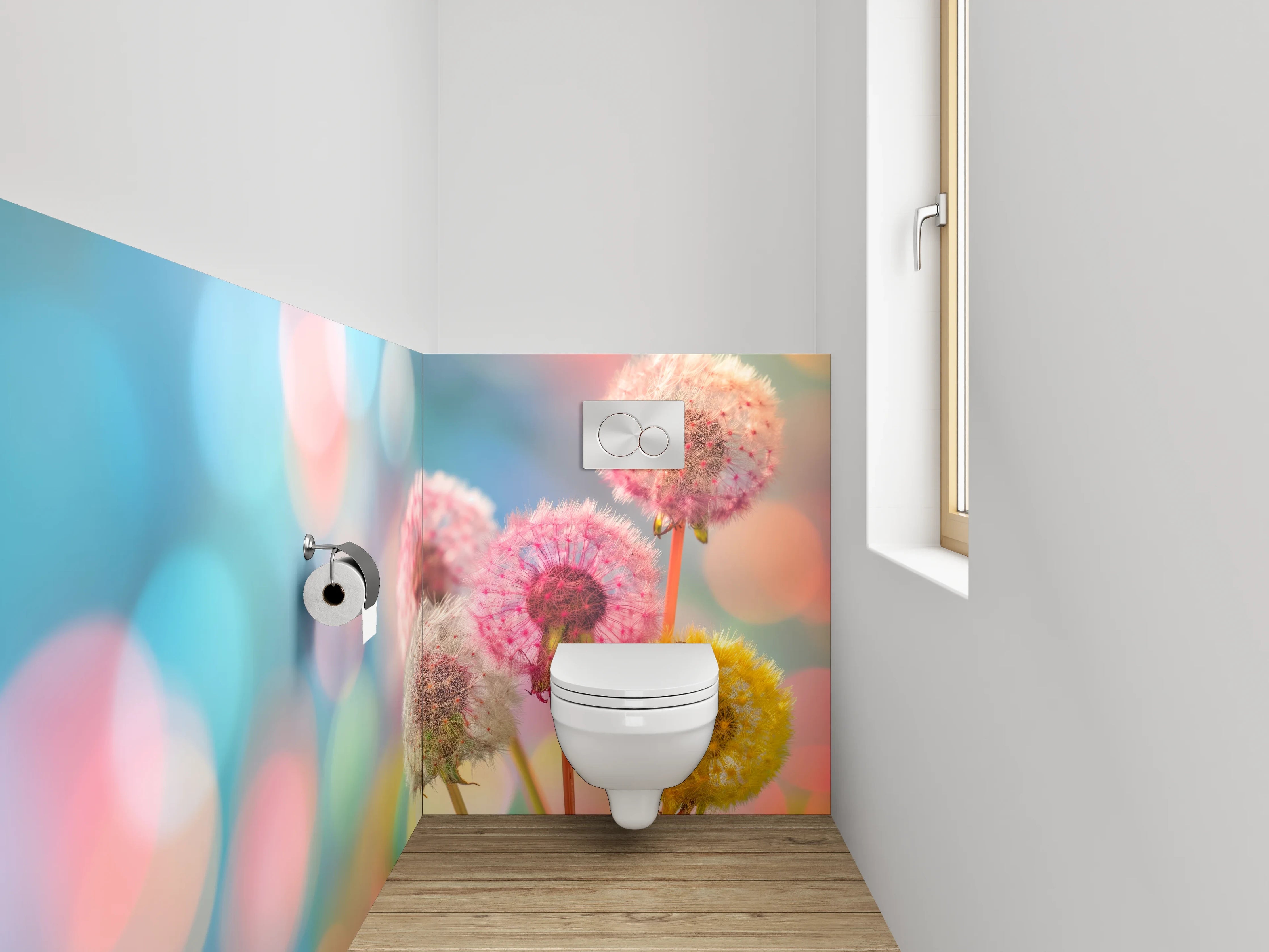 WC-Rückwand - Bunte Pusteblumen auf abstraktem Hintergrund