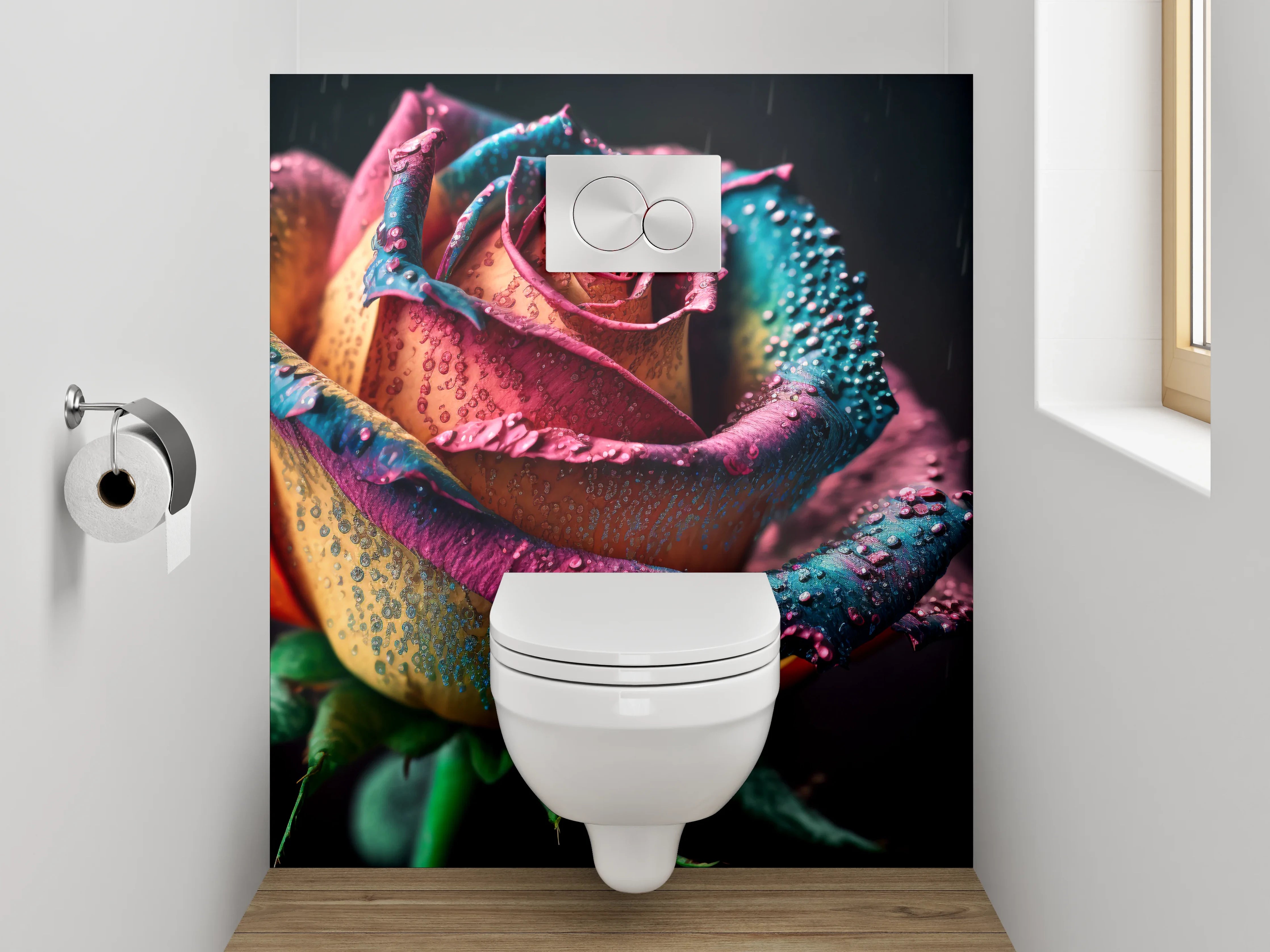 WC-Rückwand - Bunte Regenbogenrose mit Tautropfen