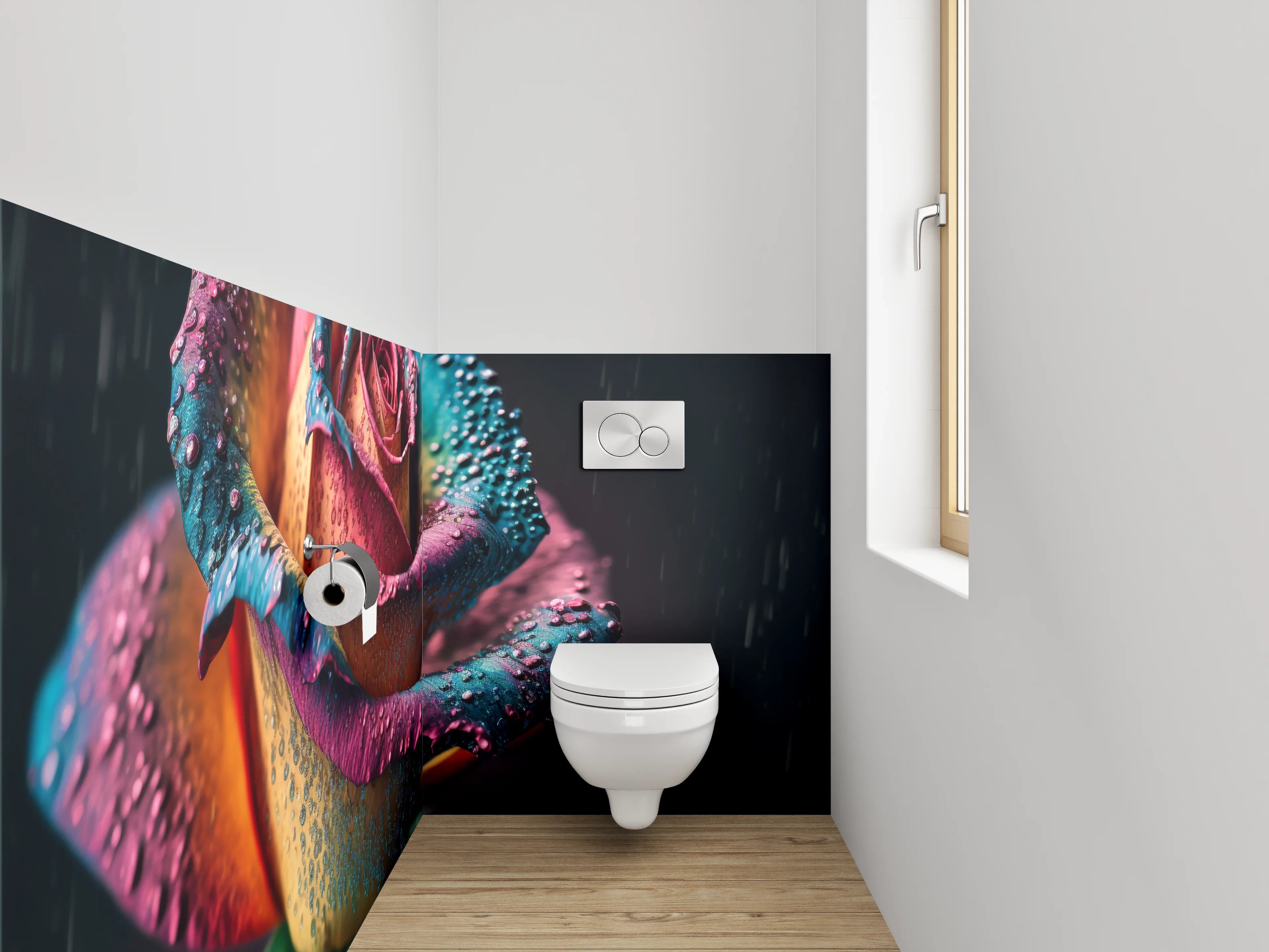 WC-Rückwand - Bunte Regenbogenrose mit Tautropfen