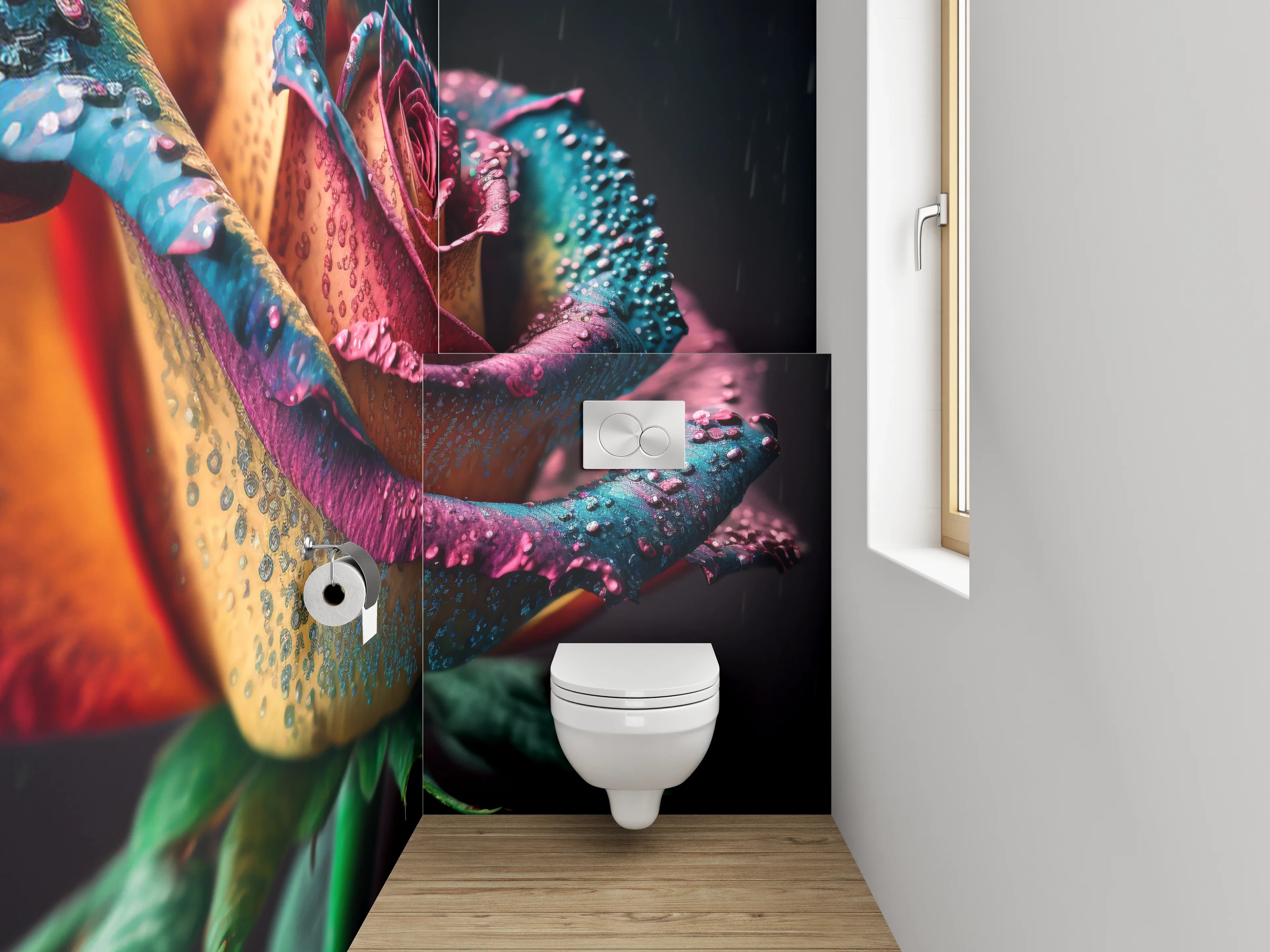 WC-Rückwand - Bunte Regenbogenrose mit Tautropfen