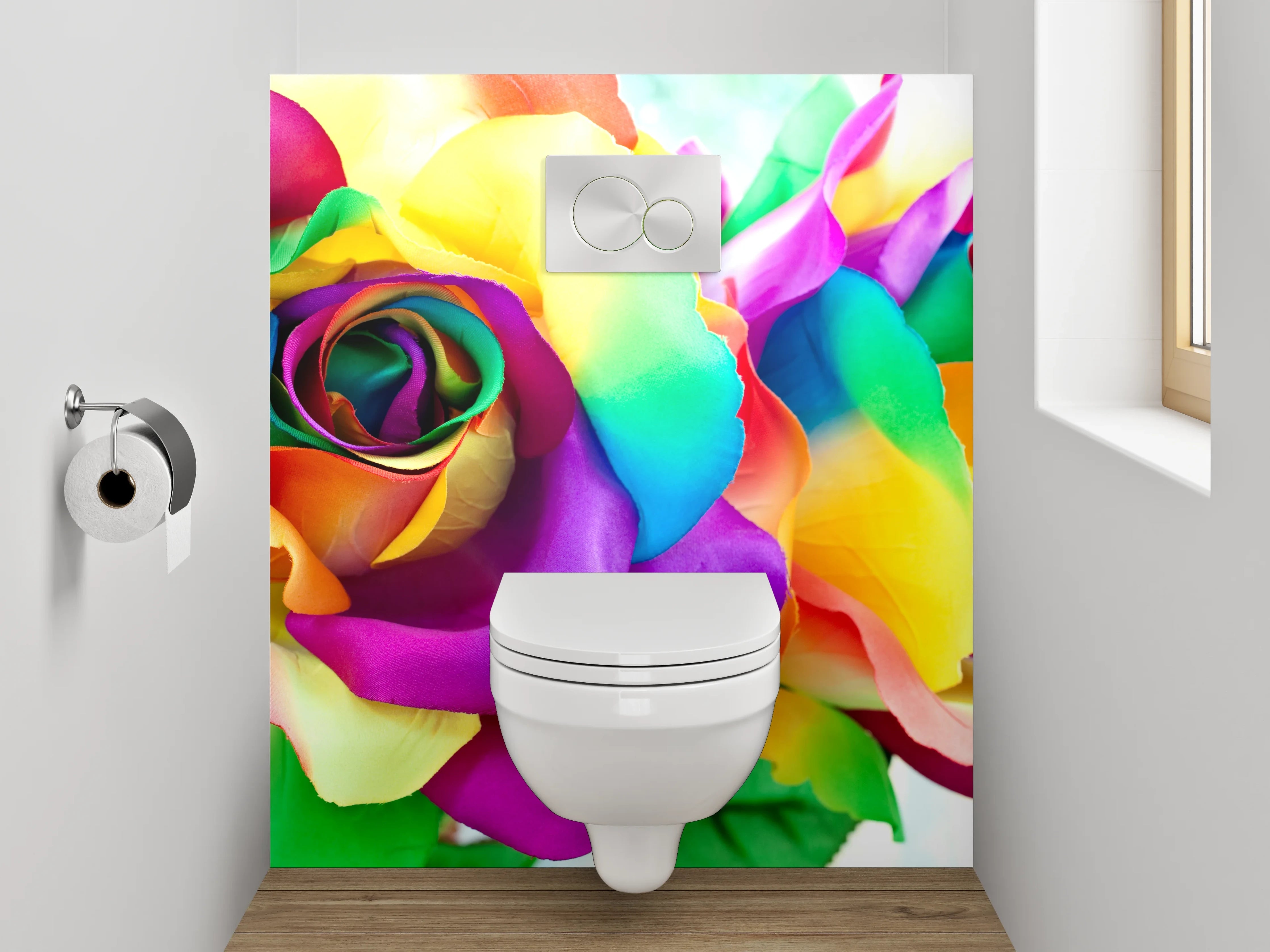 WC-Rückwand - Bunte Regenbogenrosen – Farbige Blumenpracht