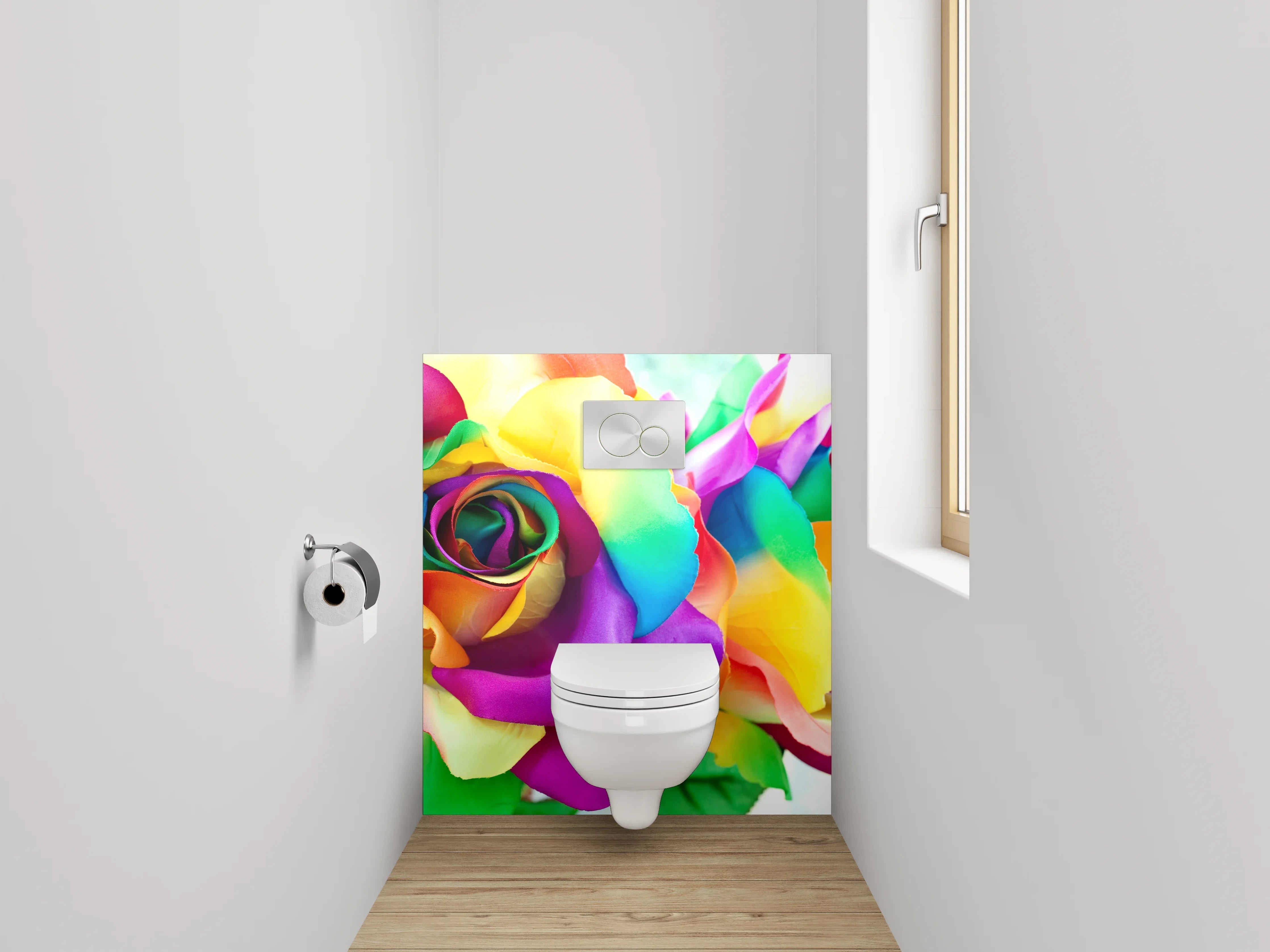 WC-Rückwand - Bunte Regenbogenrosen – Farbige Blumenpracht