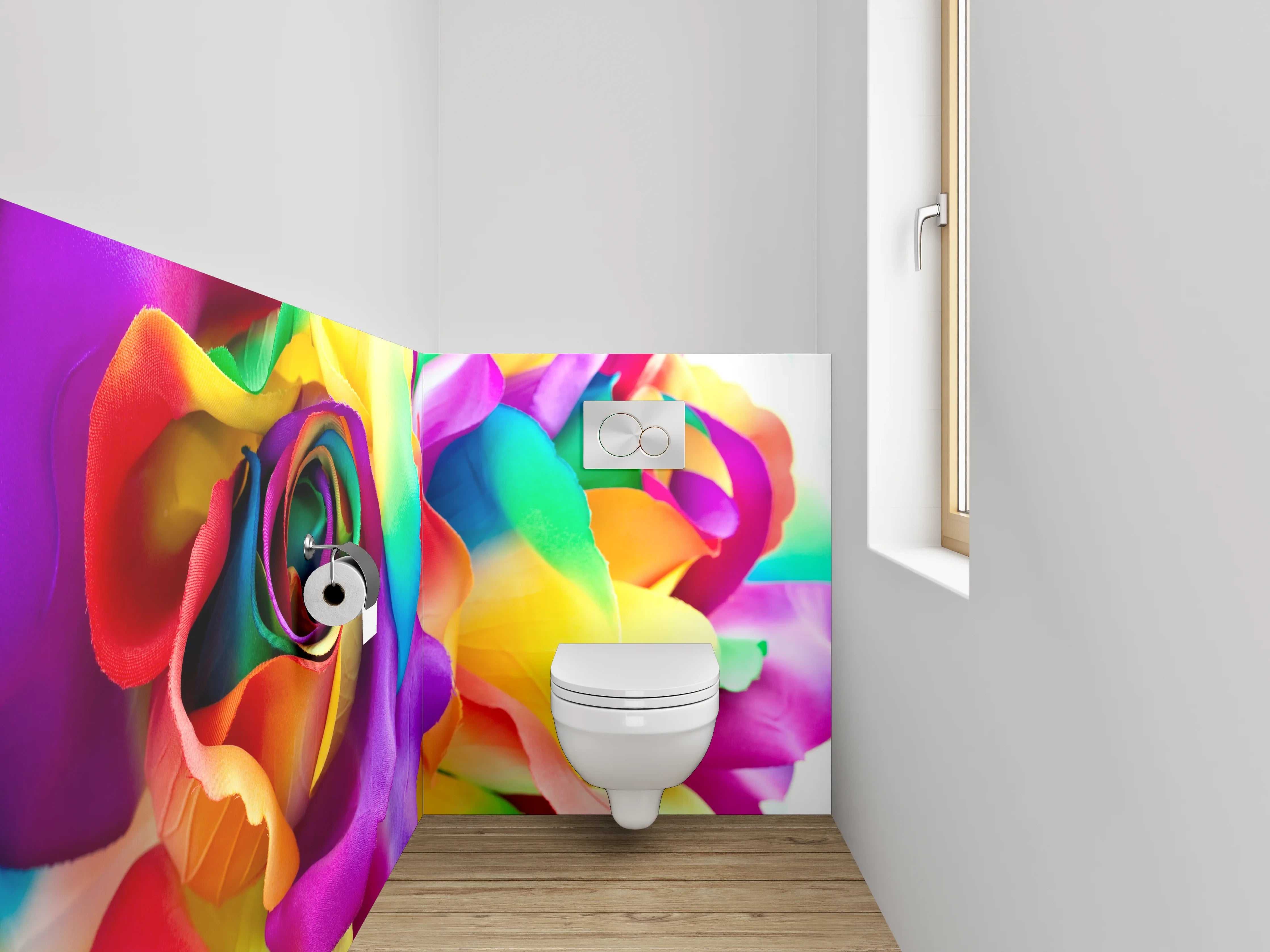 WC-Rückwand - Bunte Regenbogenrosen – Farbige Blumenpracht