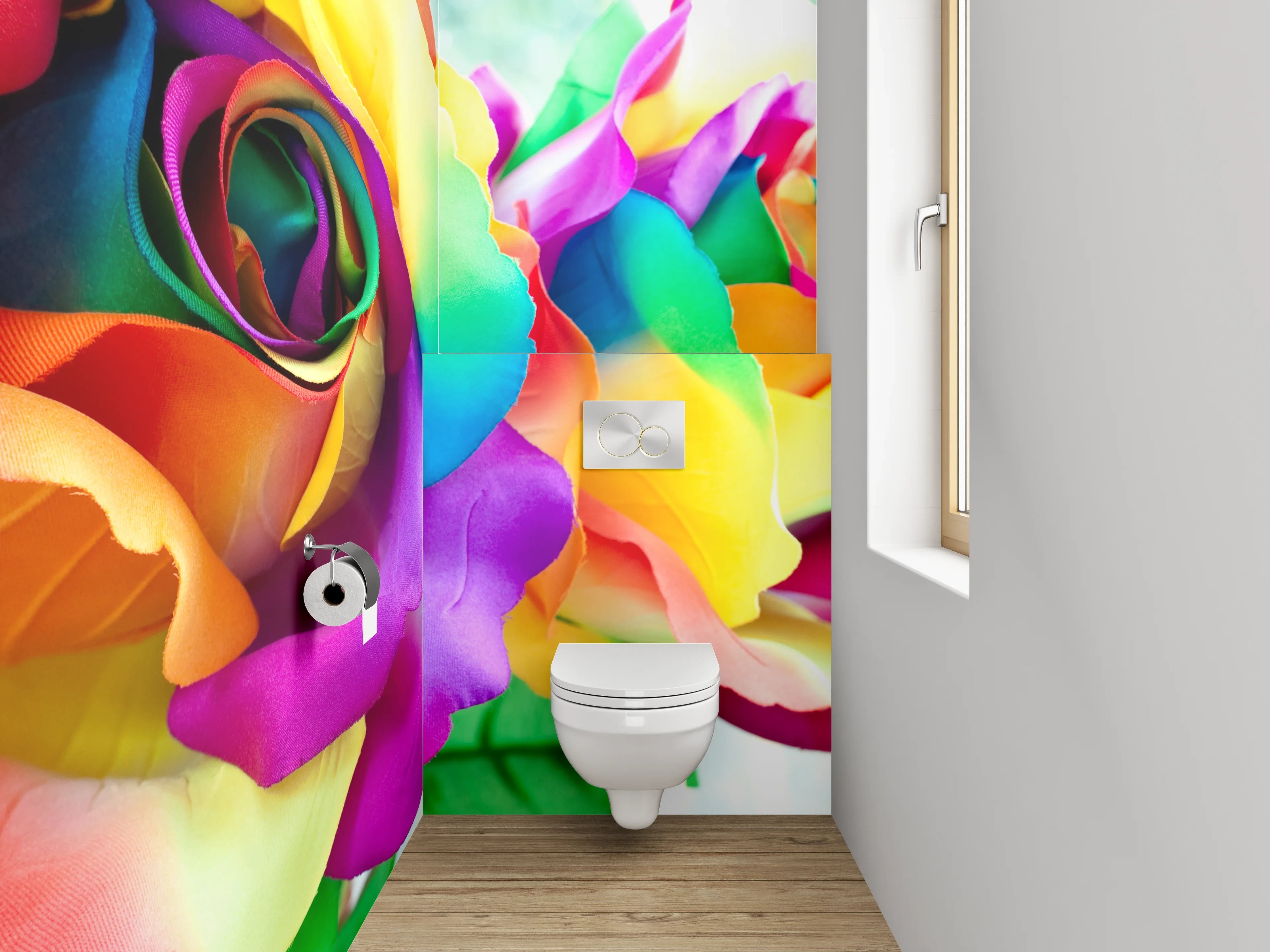 WC-Rückwand - Bunte Regenbogenrosen – Farbige Blumenpracht