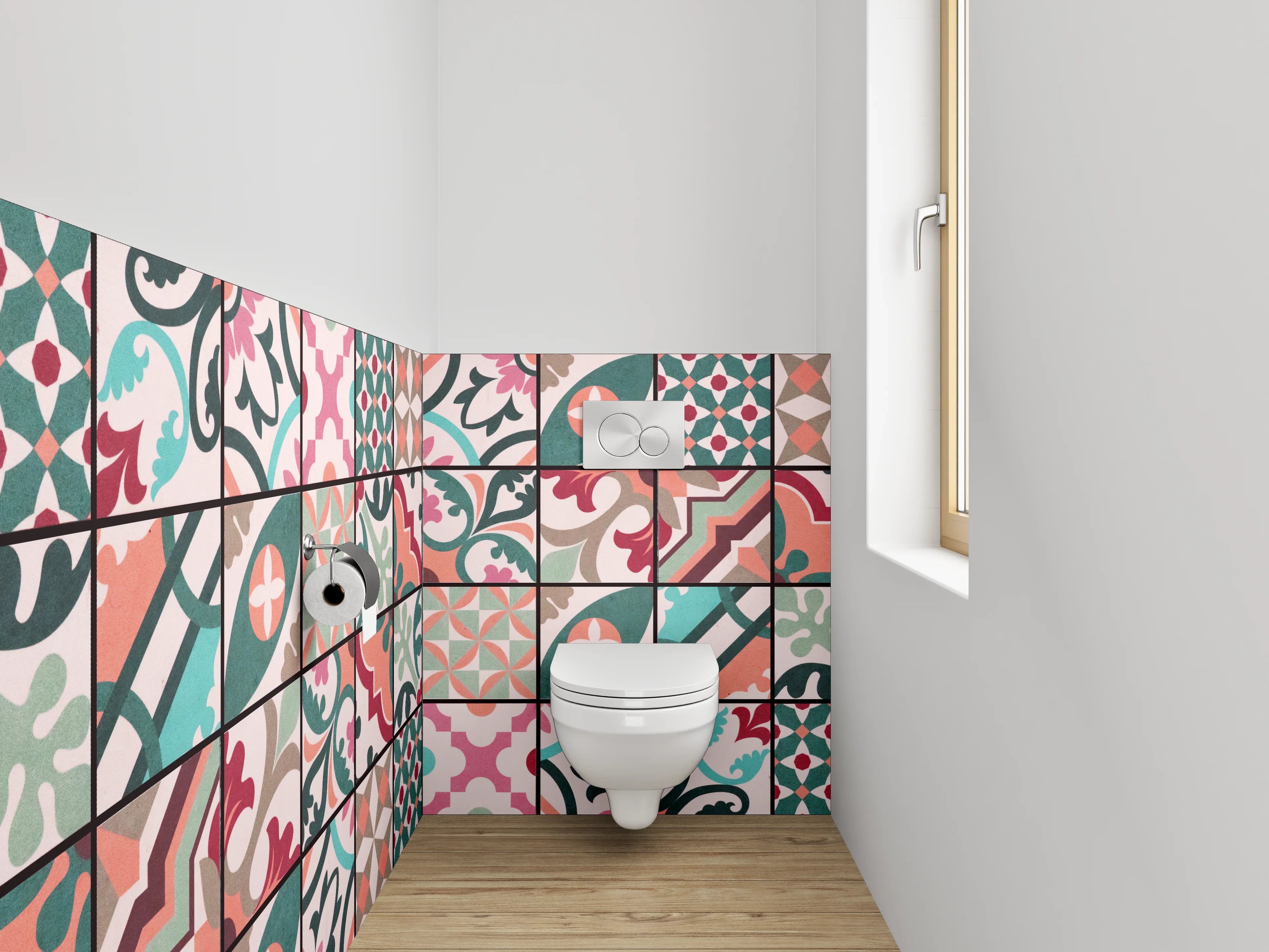 WC-Rückwand - Bunte Retro-Fliesen Muster Bordüre