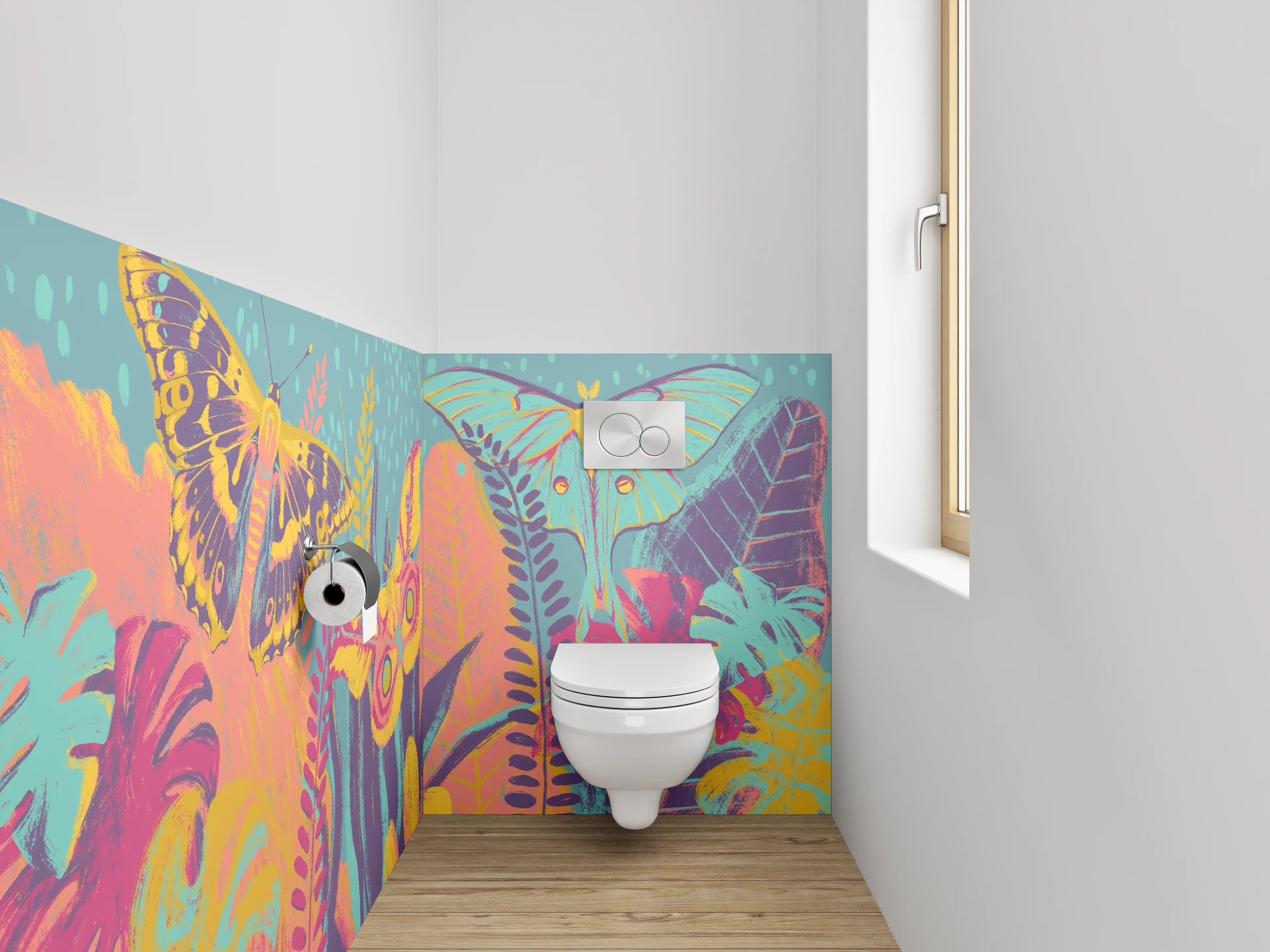 WC-Rückwand - Bunte Schmetterlinge im Dschungel Aquarell