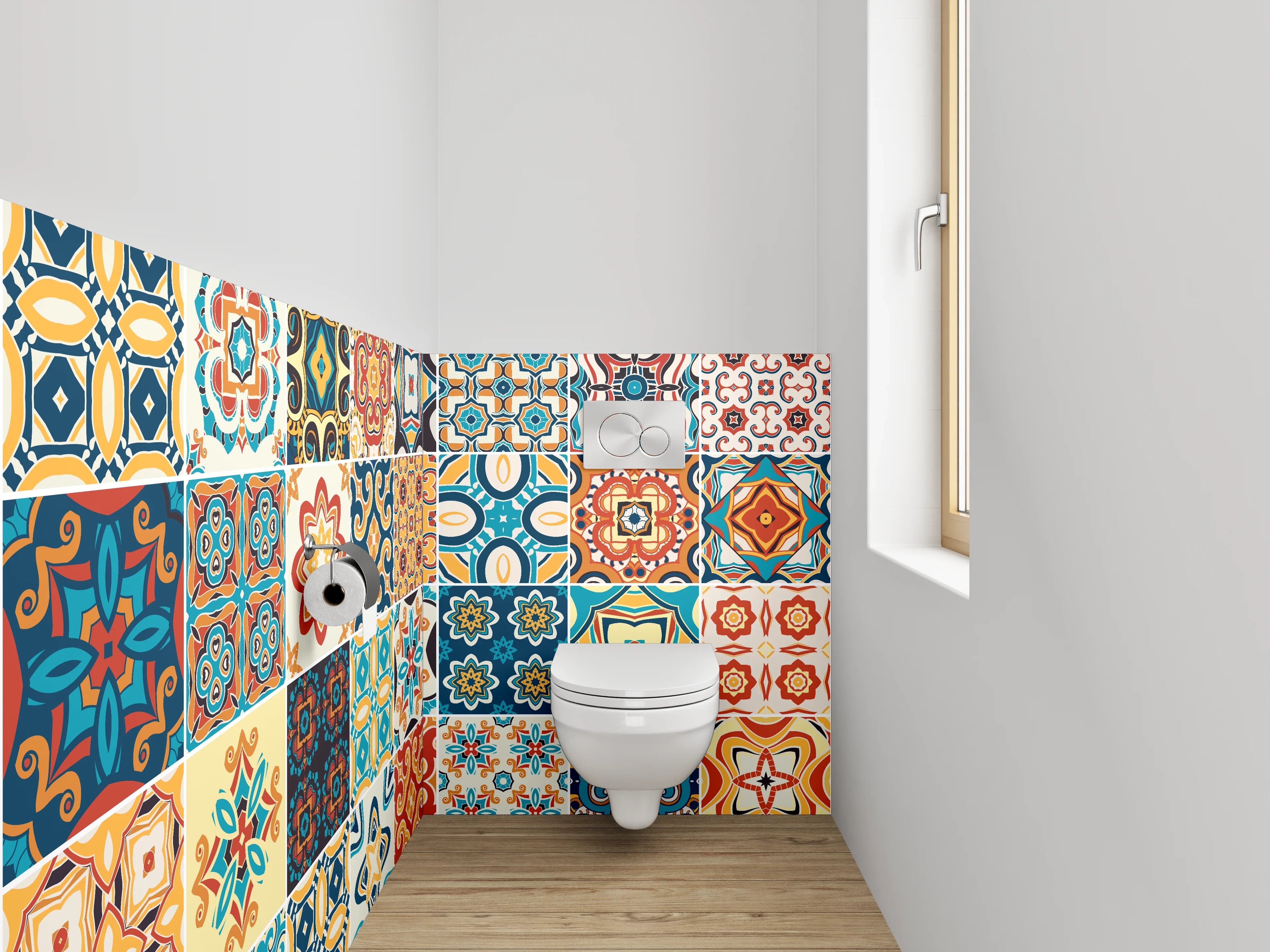 WC-Rückwand - Bunte Vintage Fliesenmuster Set