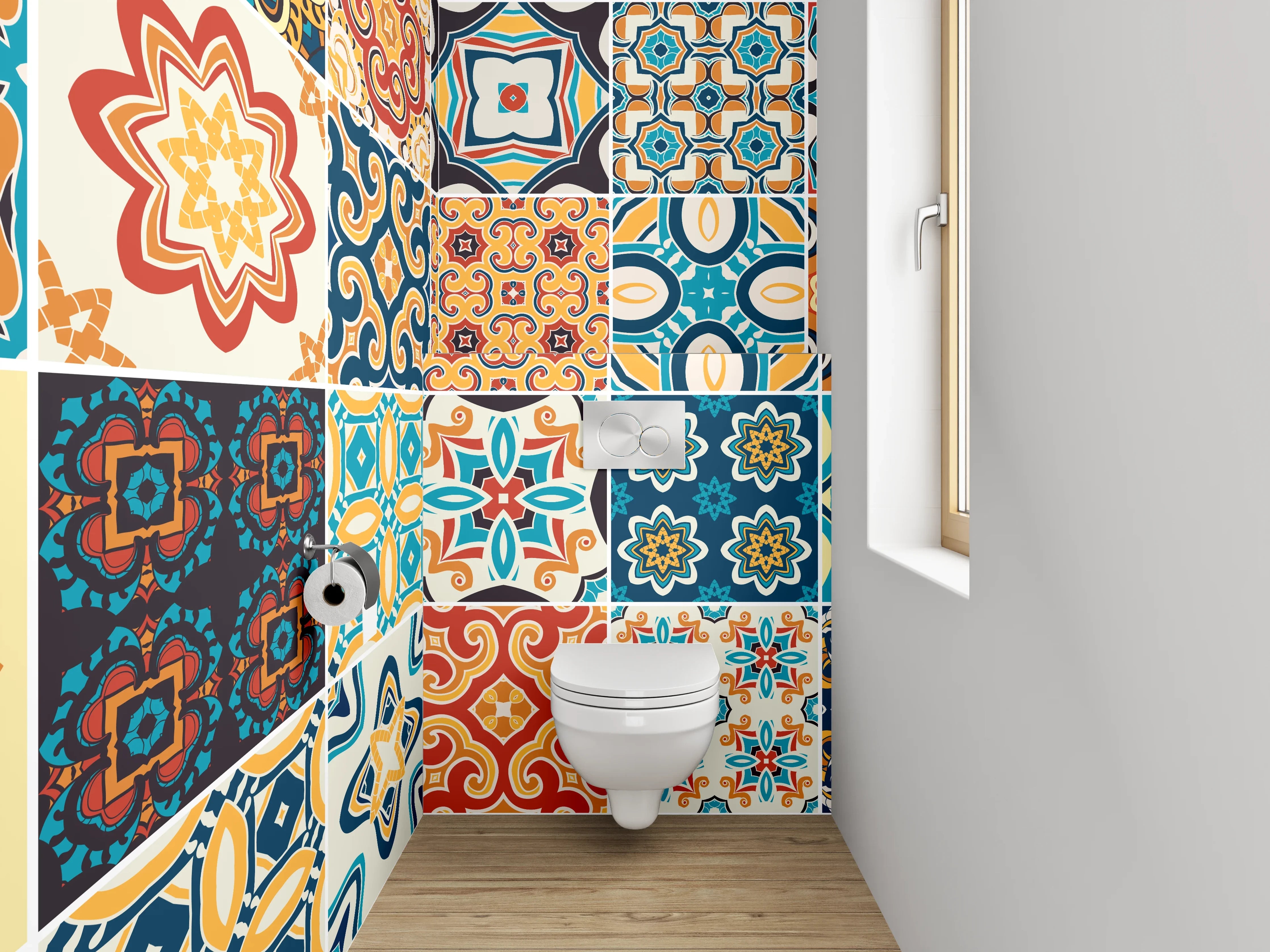 WC-Rückwand - Bunte Vintage Fliesenmuster Set