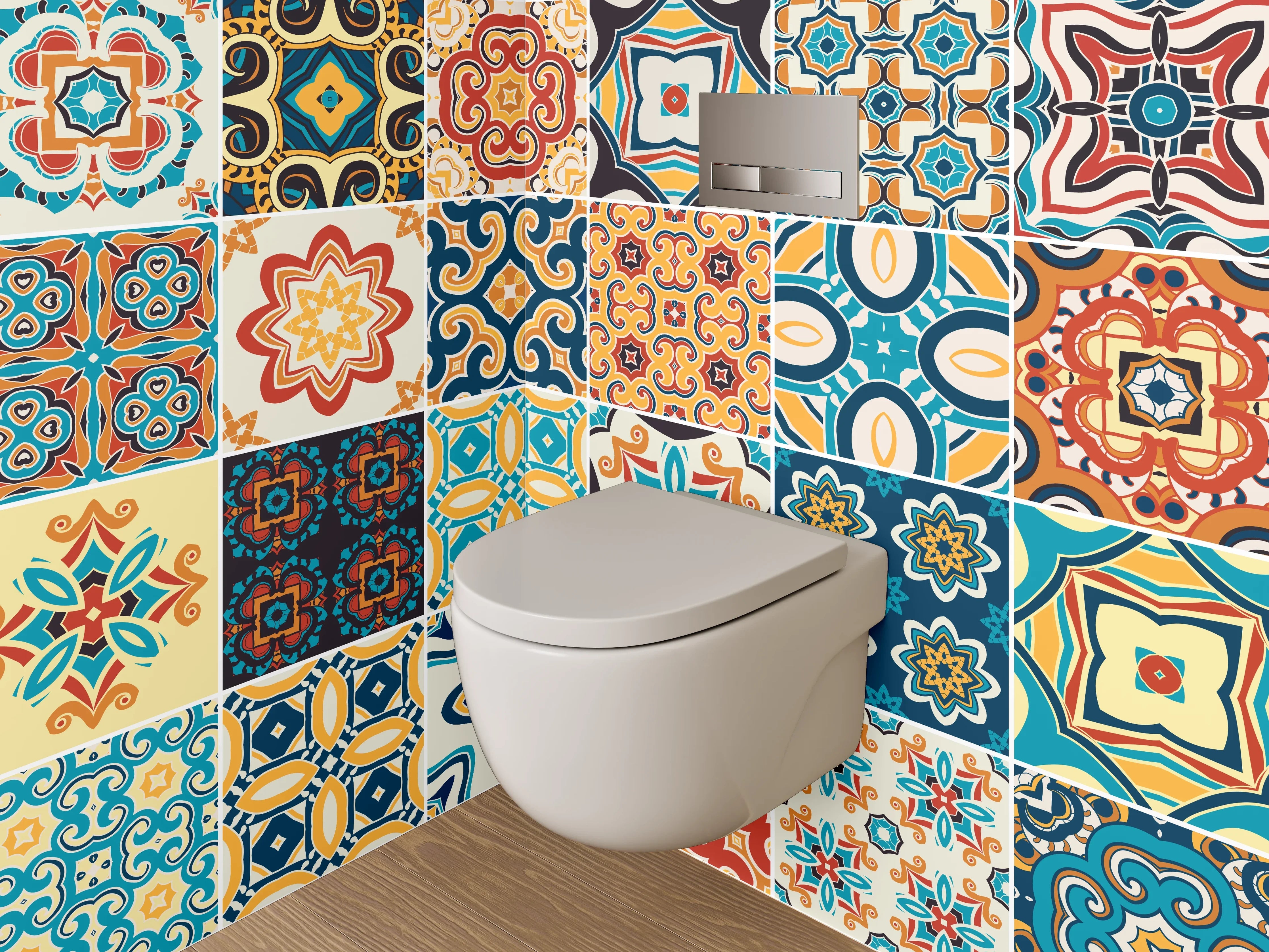 WC-Rückwand - Bunte Vintage Fliesenmuster Set