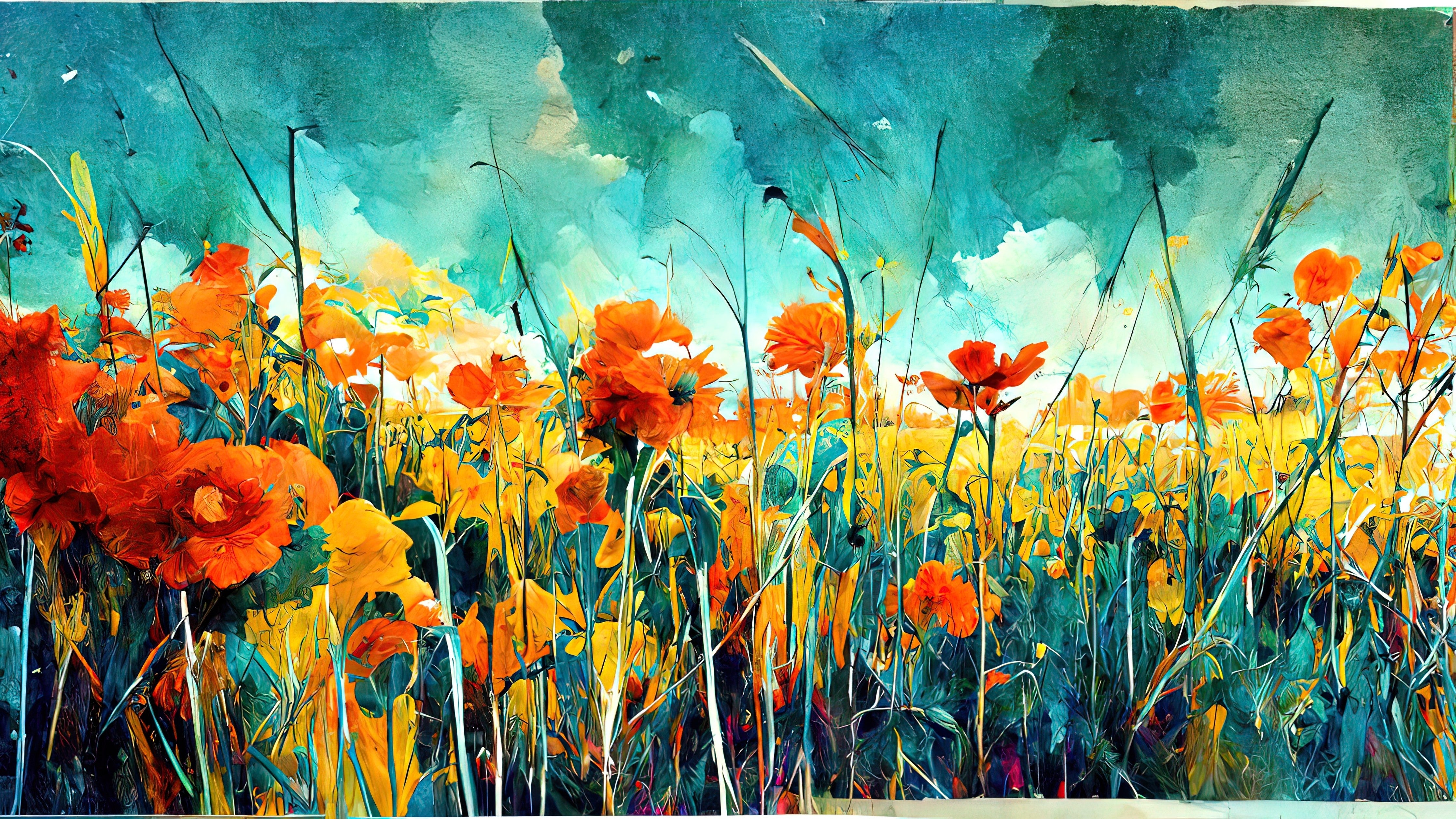 WC-Rückwand-Buntes Blumenfeld Aquarell Landschaft