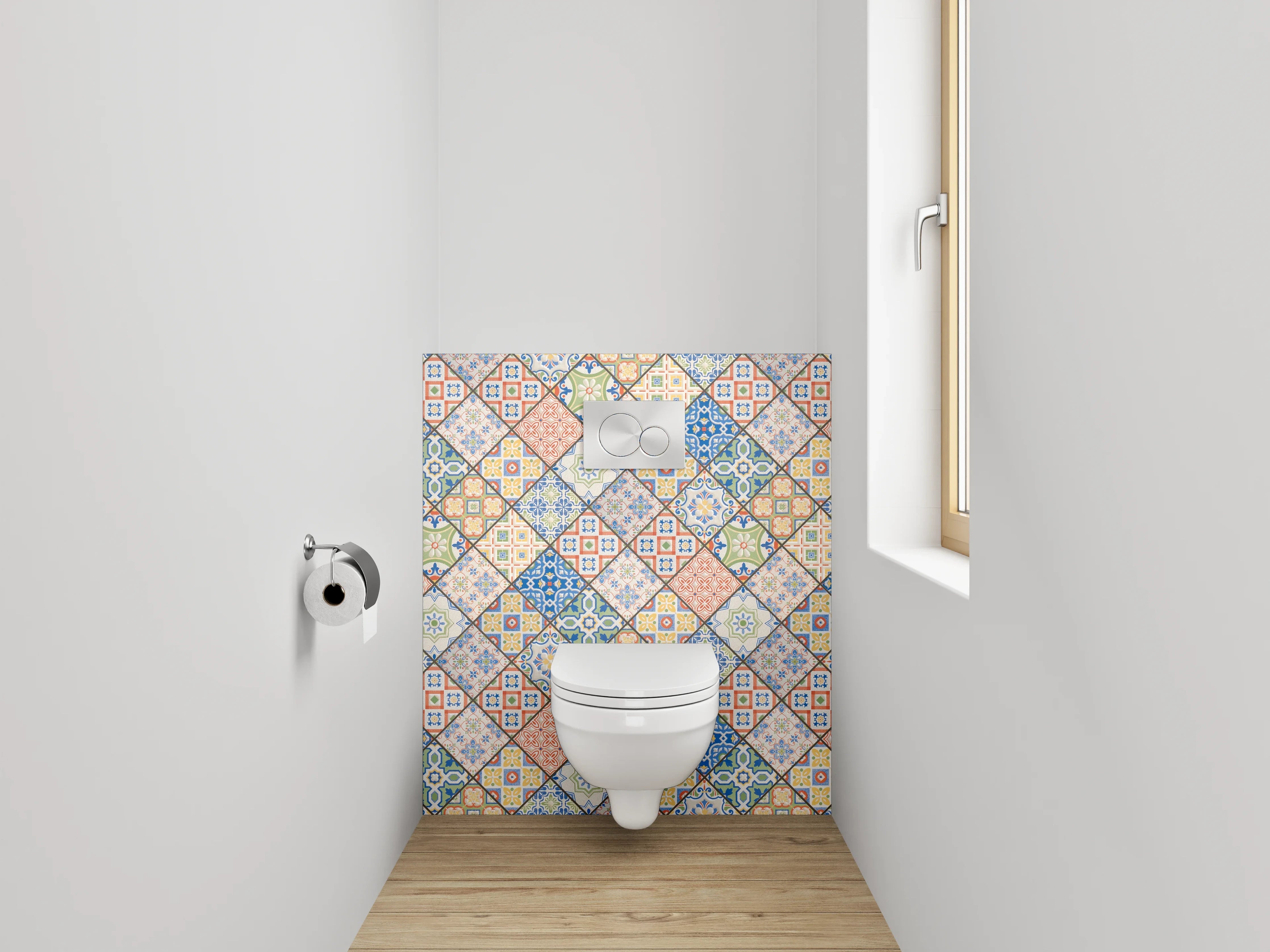 WC-Rückwand - Buntes Patchwork-Fliesen-Muster Vintage Retro
