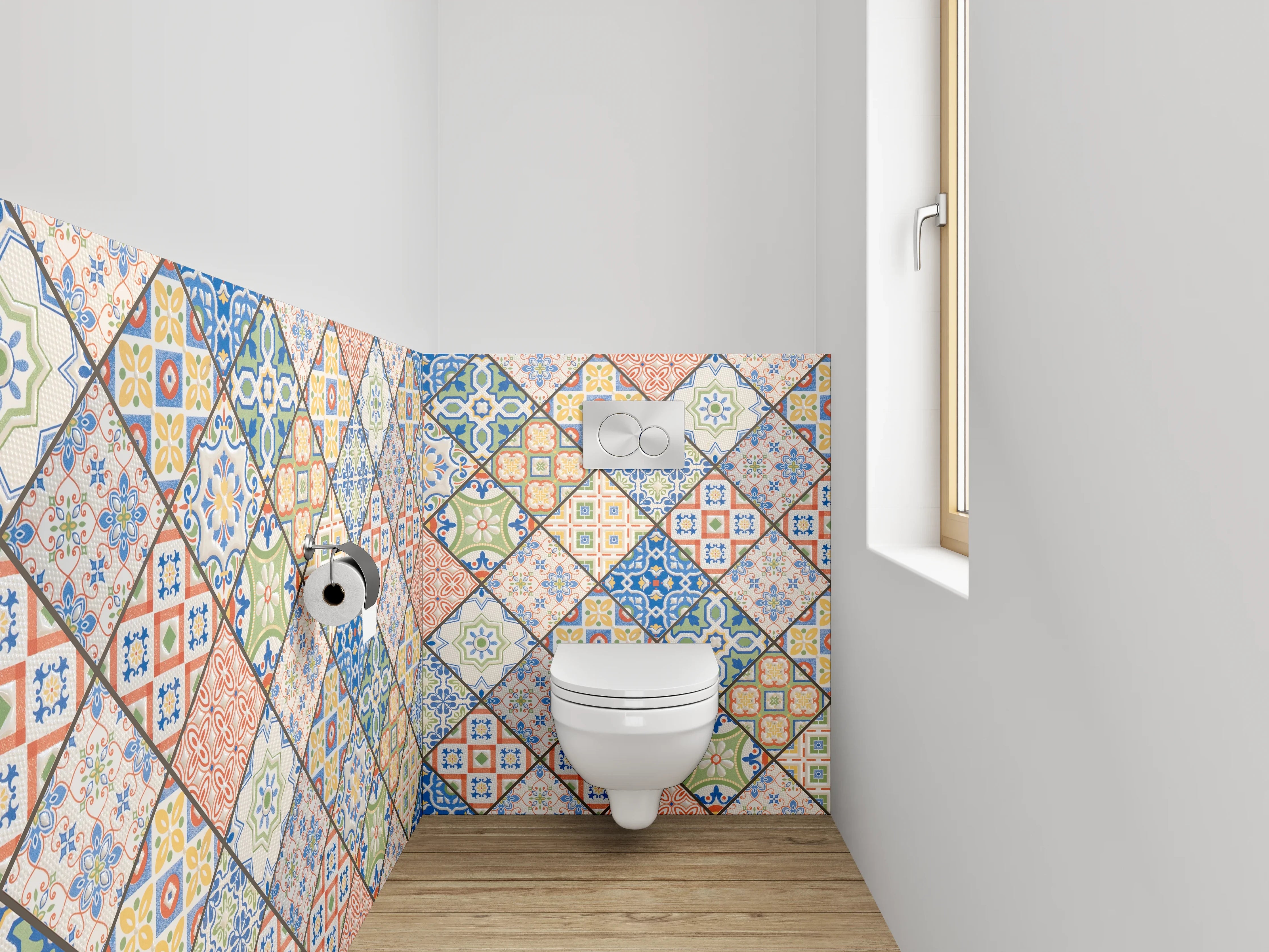 WC-Rückwand - Buntes Patchwork-Fliesen-Muster Vintage Retro