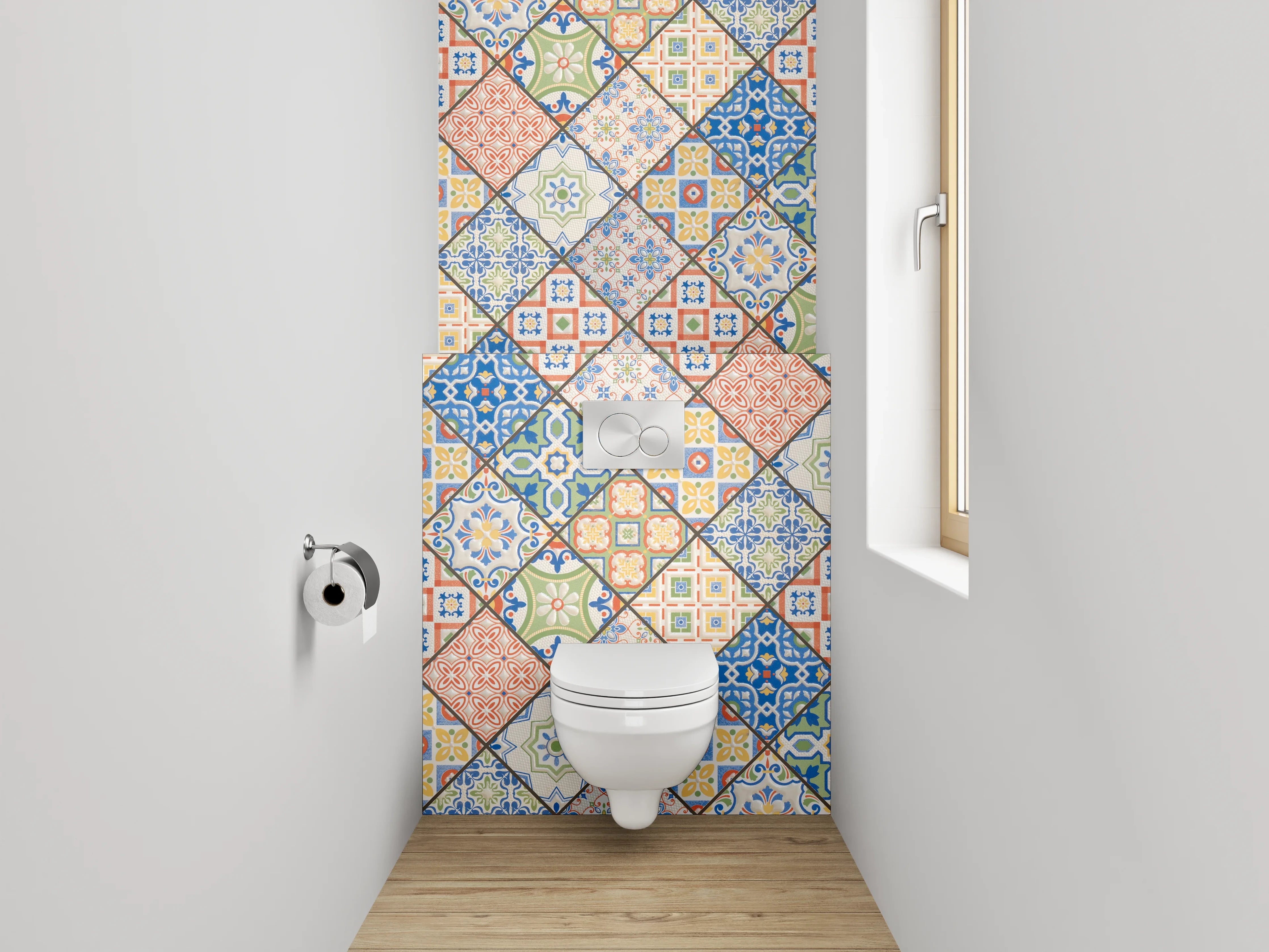 WC-Rückwand - Buntes Patchwork-Fliesen-Muster Vintage Retro