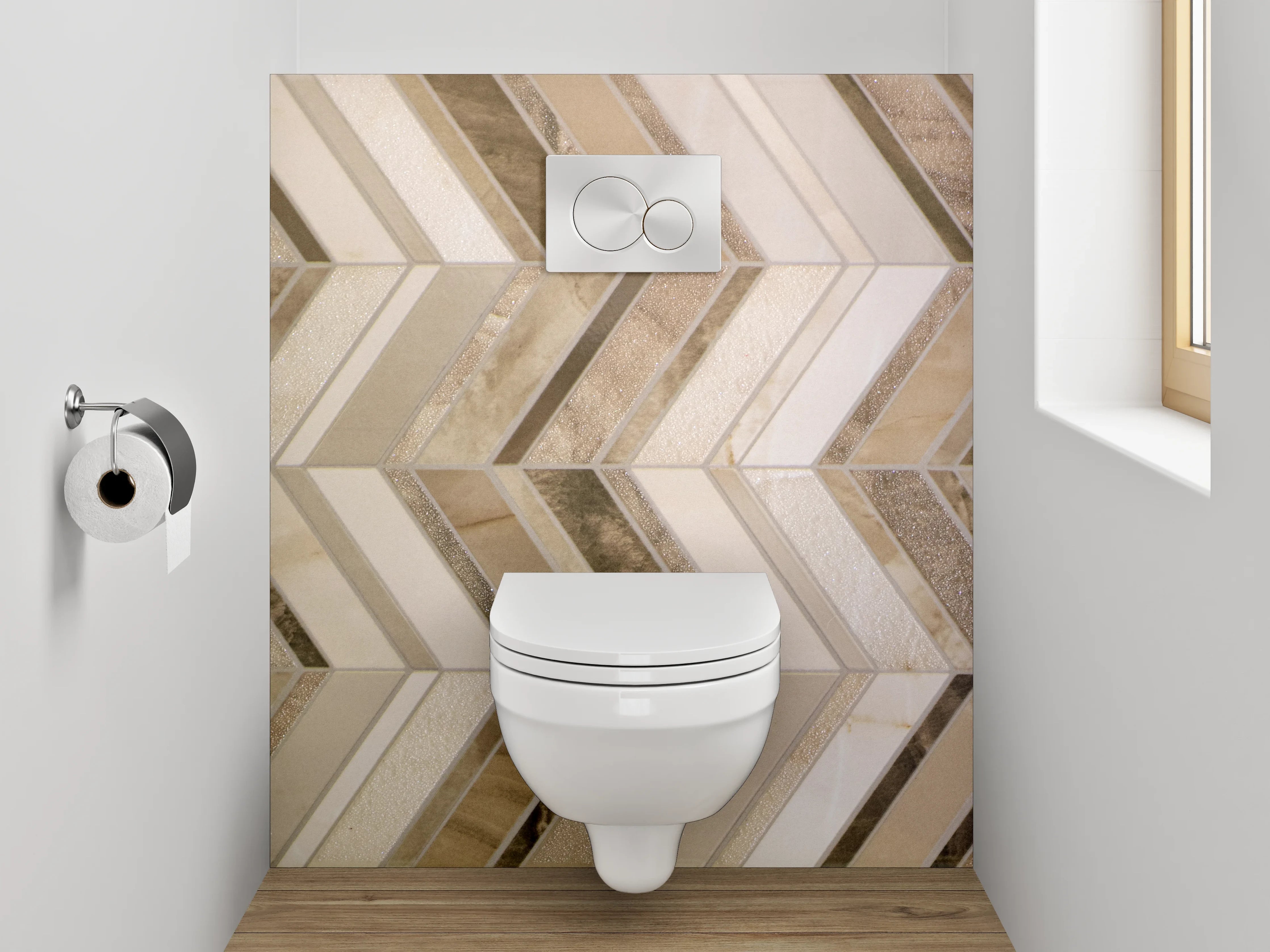 WC-Rückwand - Chevron Mosaik Steinoptik Beige Grau