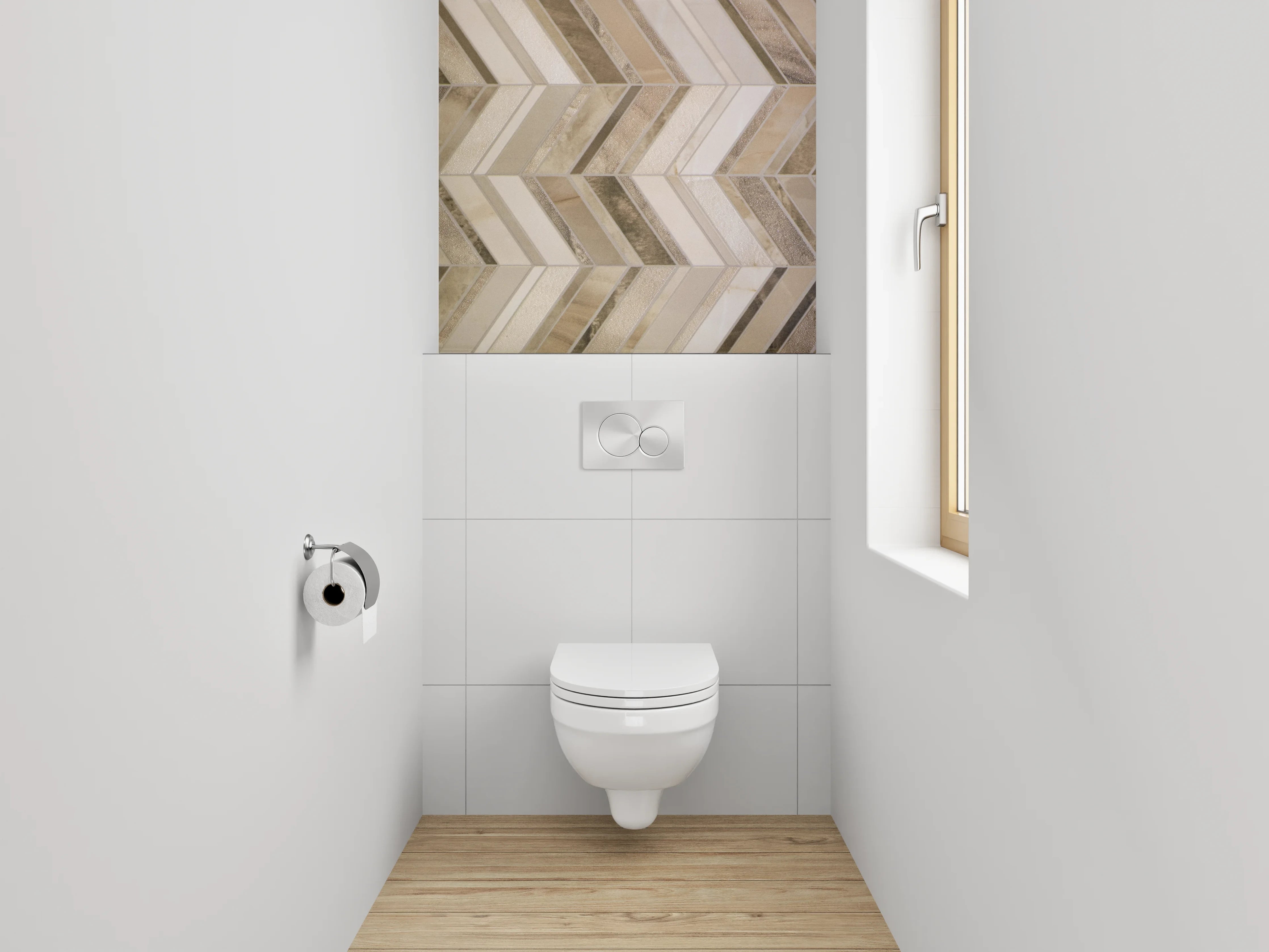 WC-Rückwand - Chevron Mosaik Steinoptik Beige Grau