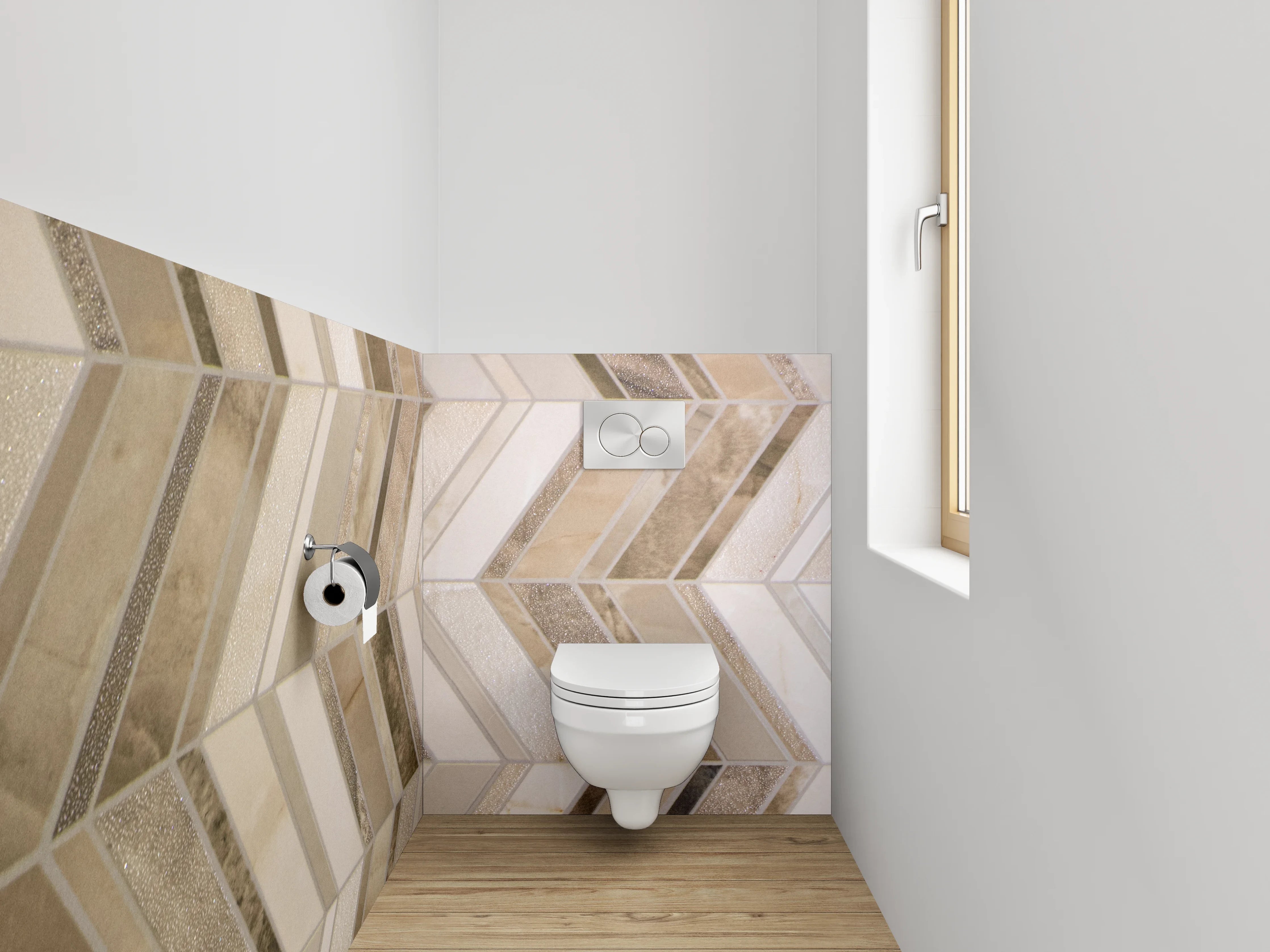 WC-Rückwand - Chevron Mosaik Steinoptik Beige Grau