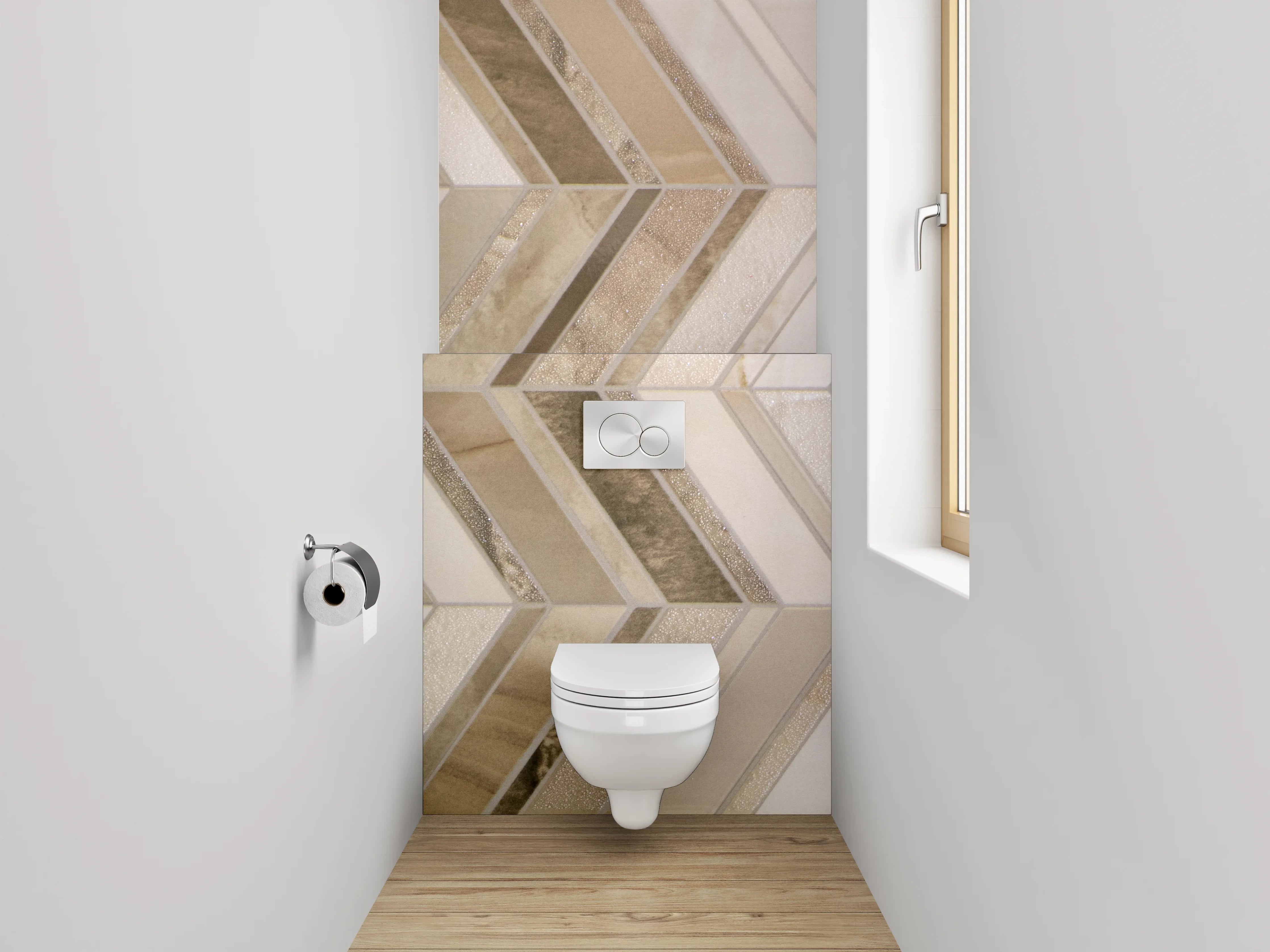 WC-Rückwand - Chevron Mosaik Steinoptik Beige Grau