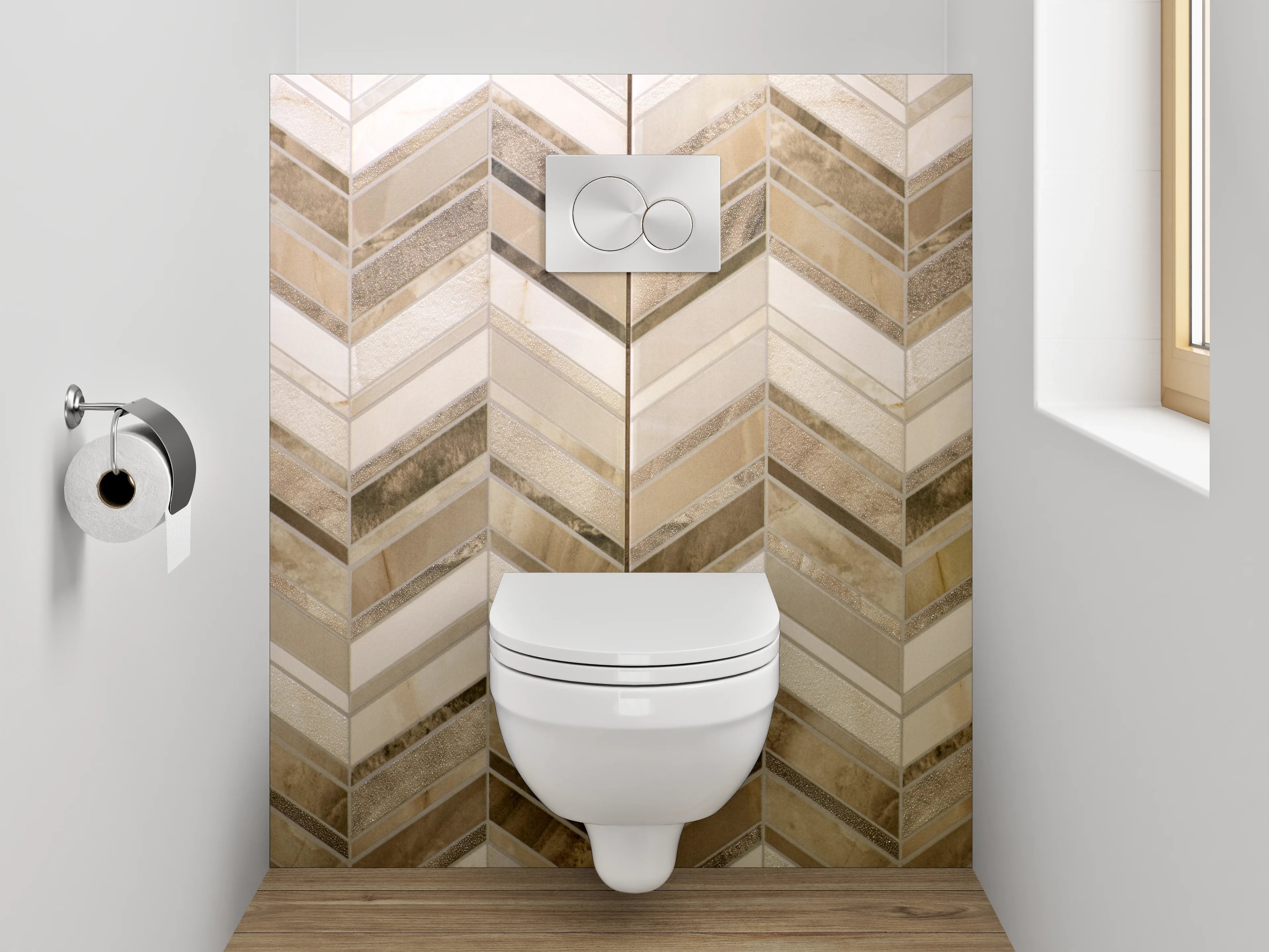 WC-Rückwand - Chevron-Mosaik in Beige und Braun