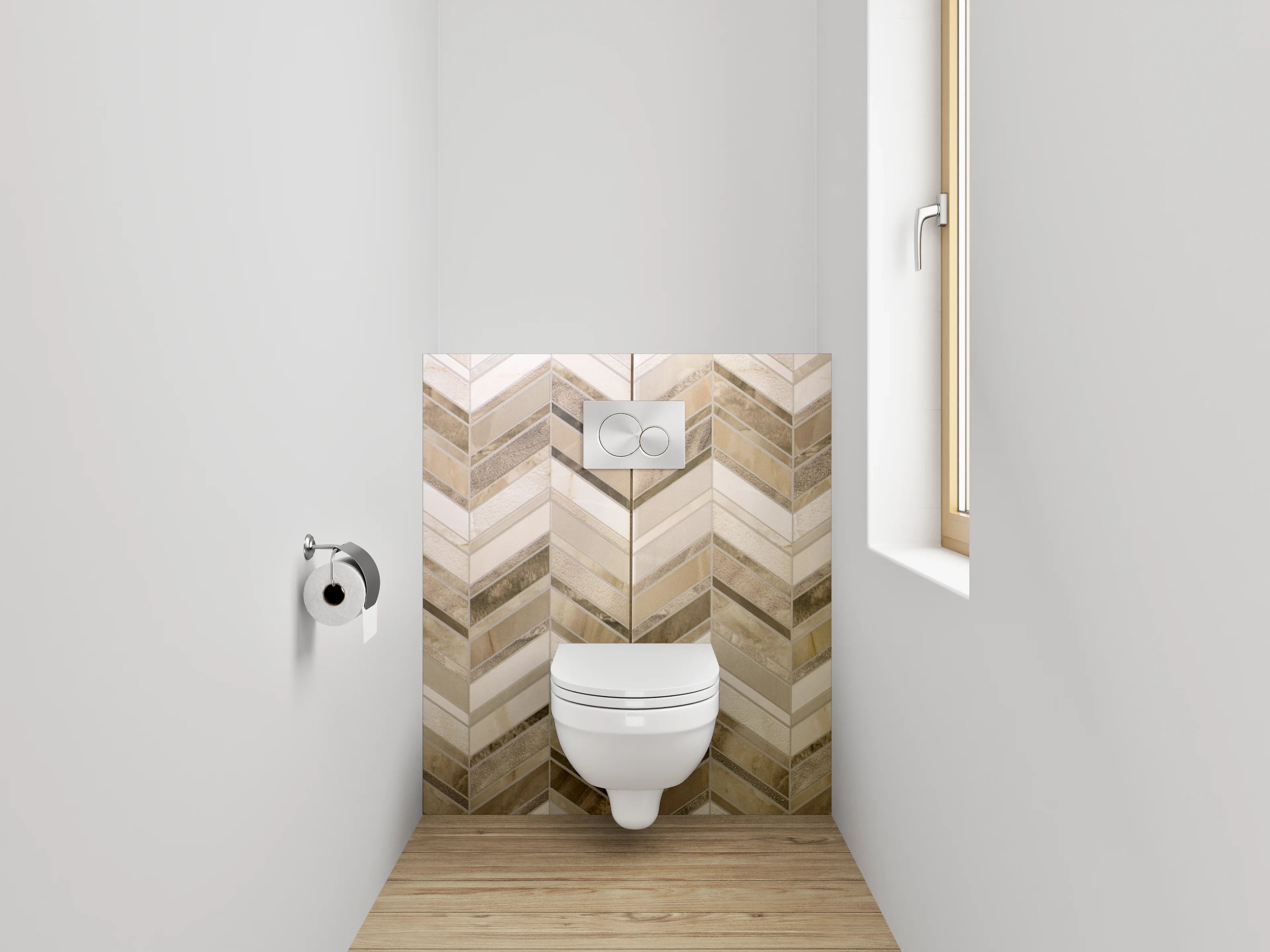 WC-Rückwand - Chevron-Mosaik in Beige und Braun