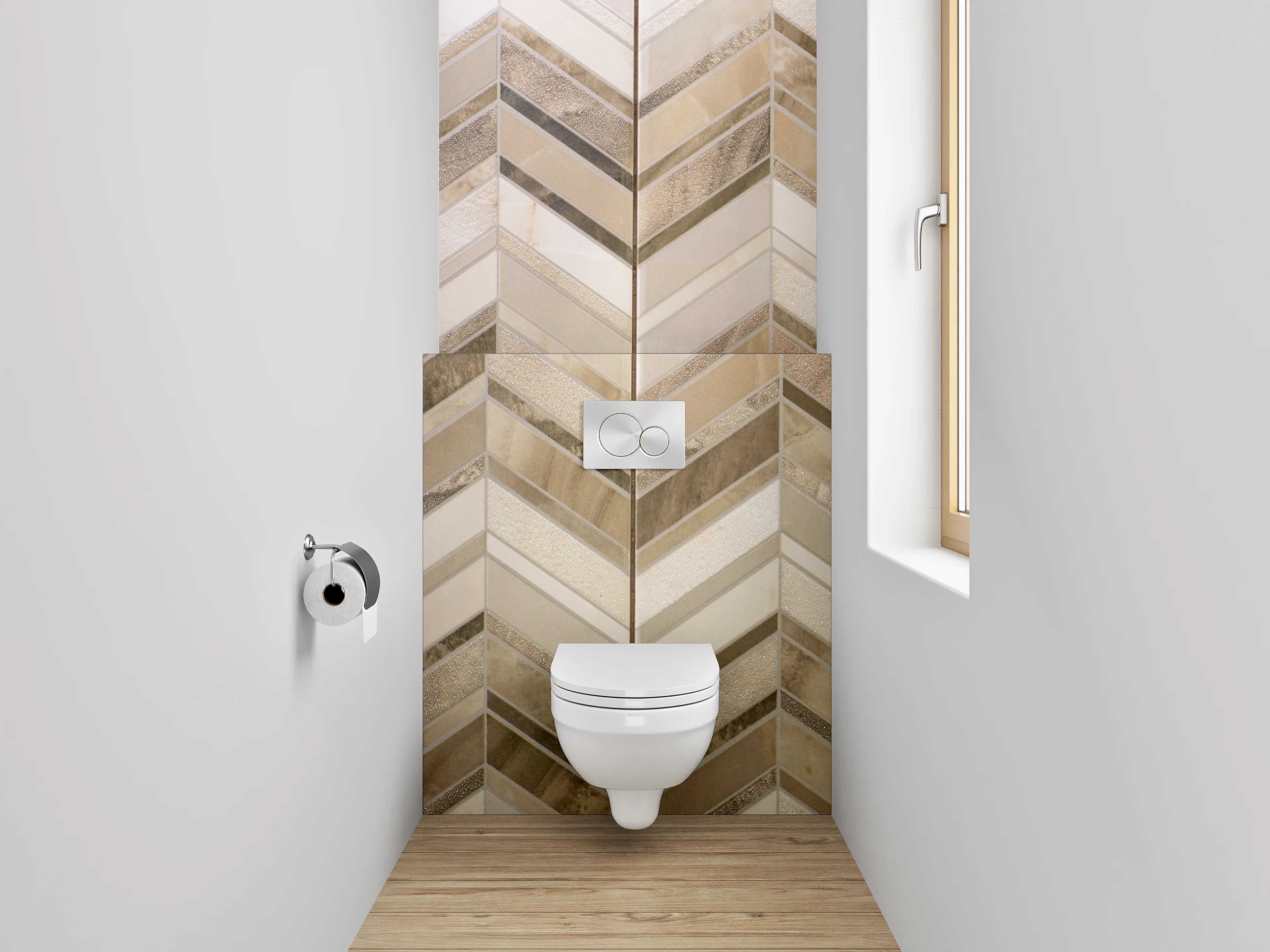 WC-Rückwand - Chevron-Mosaik in Beige und Braun