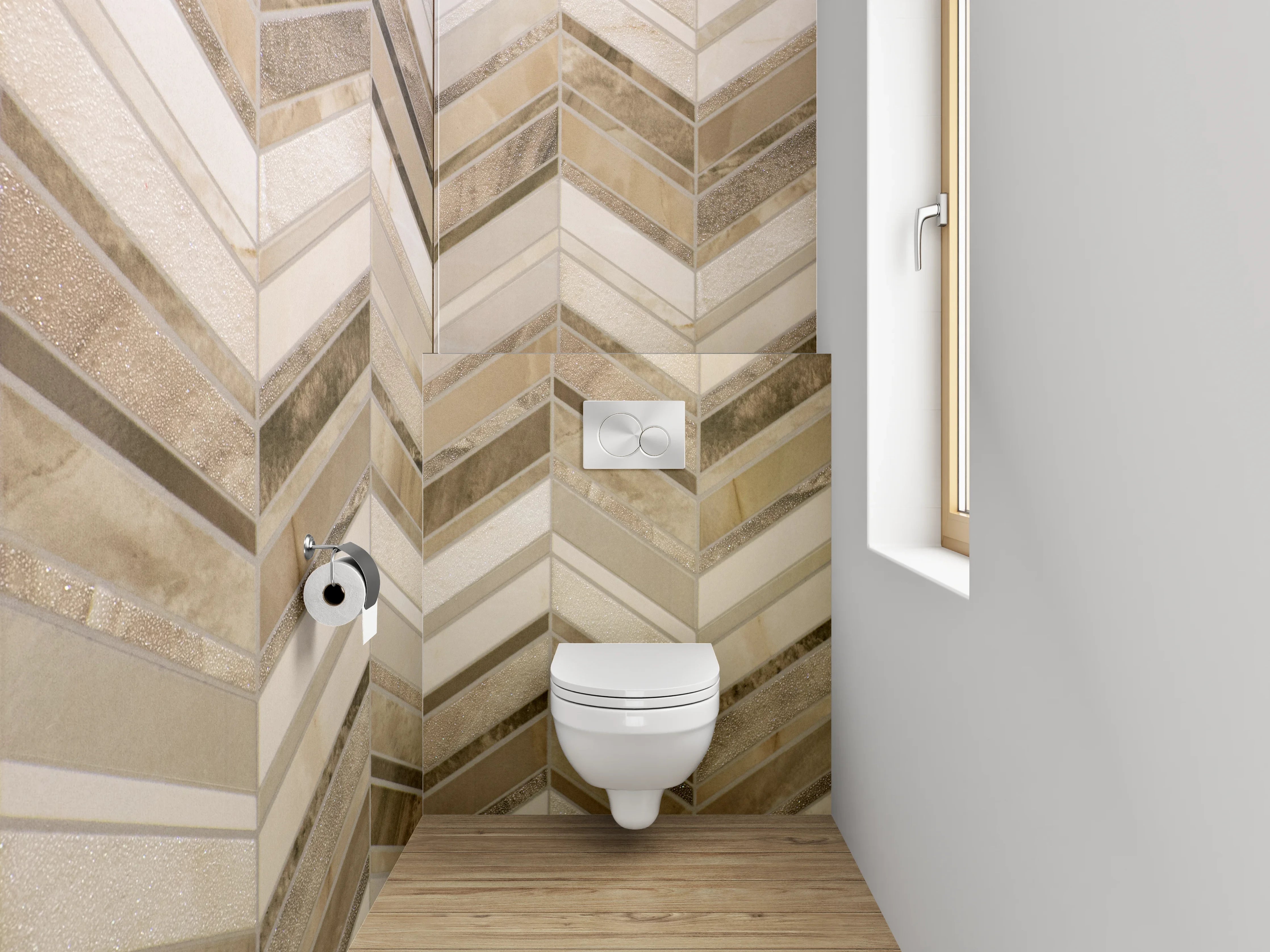 WC-Rückwand - Chevron-Mosaik in Beige und Braun