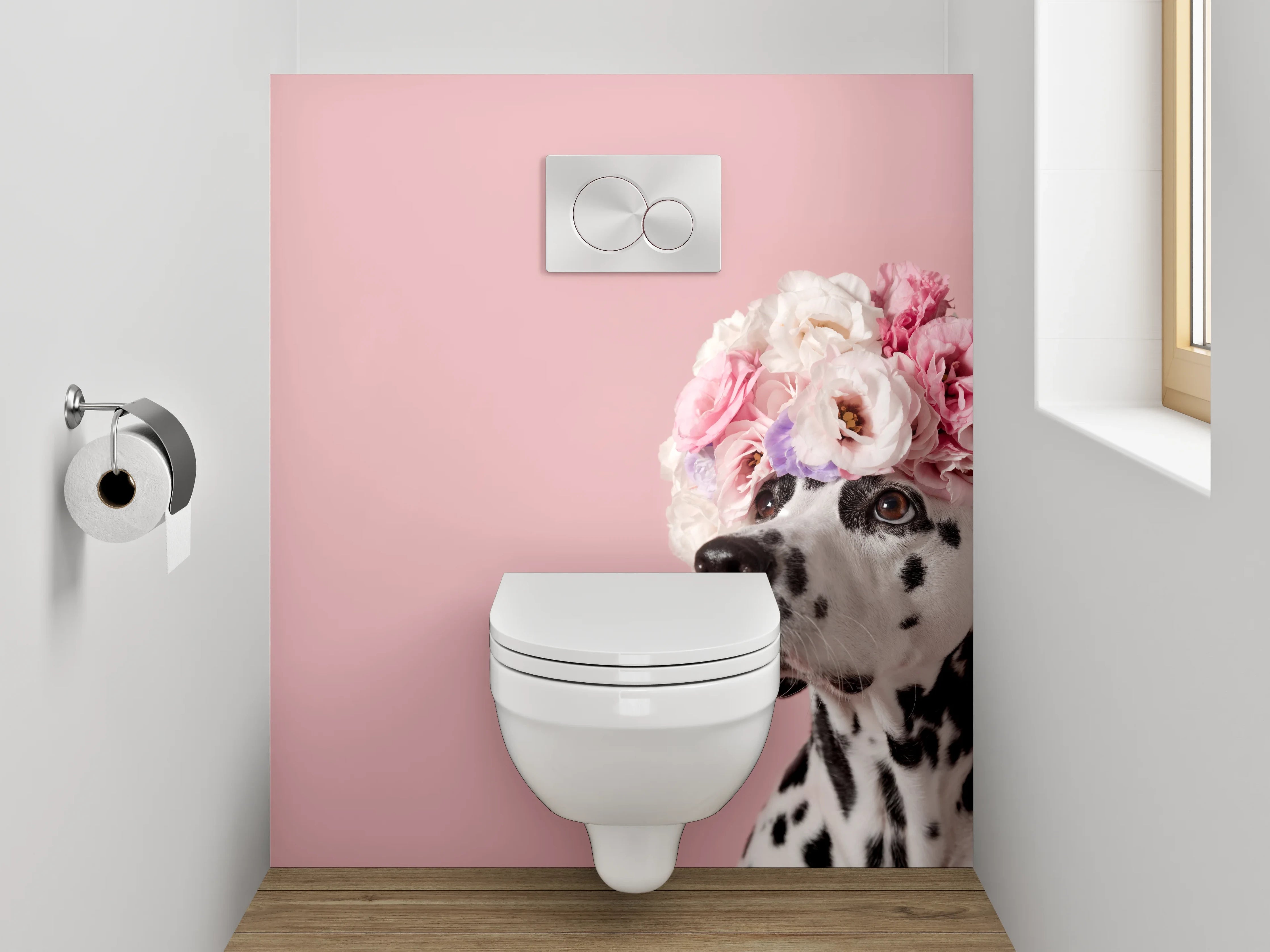 WC-Rückwand - Dalmatiner mit Blumenkranz auf Rosa