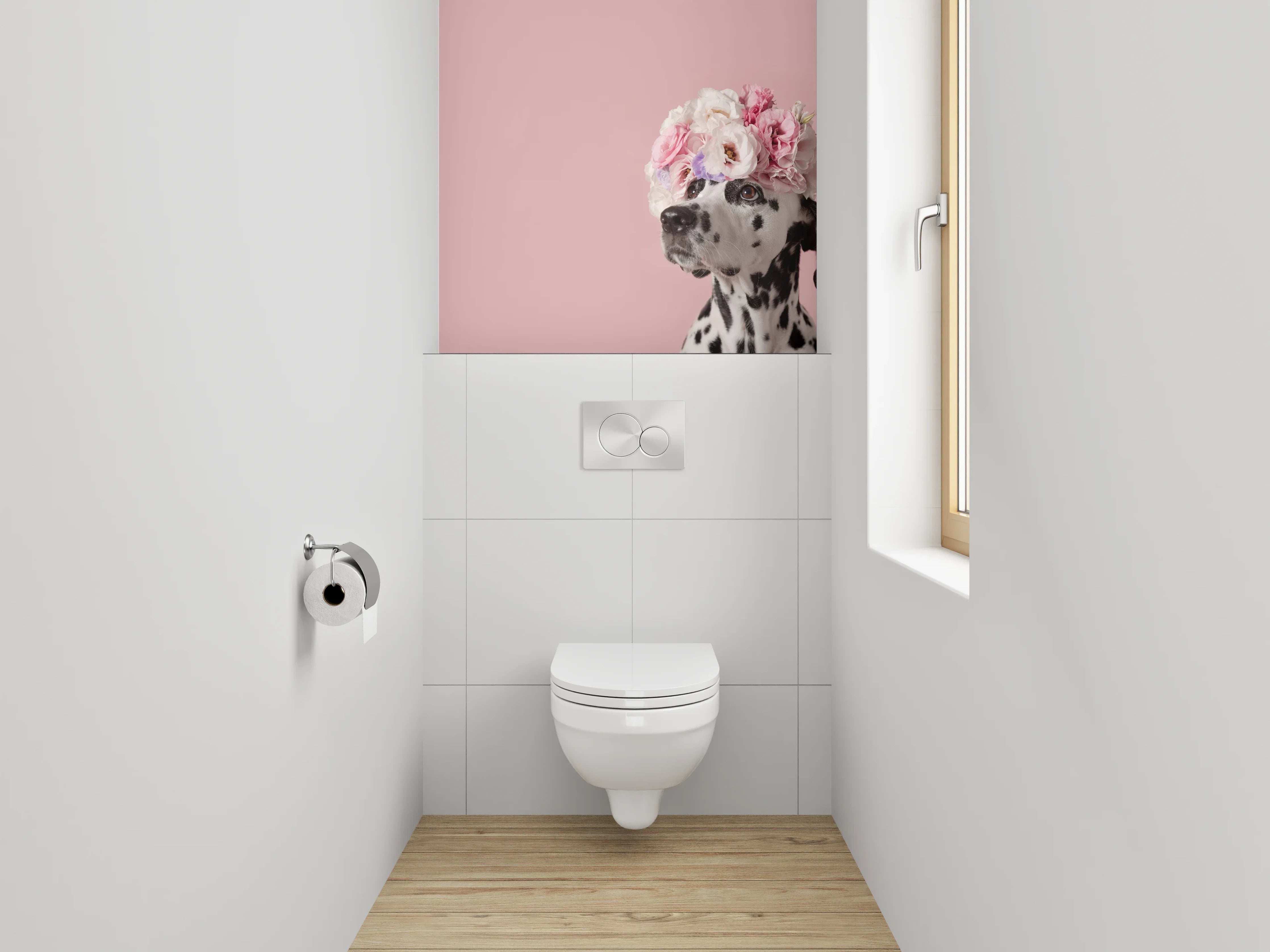 WC-Rückwand - Dalmatiner mit Blumenkranz auf Rosa