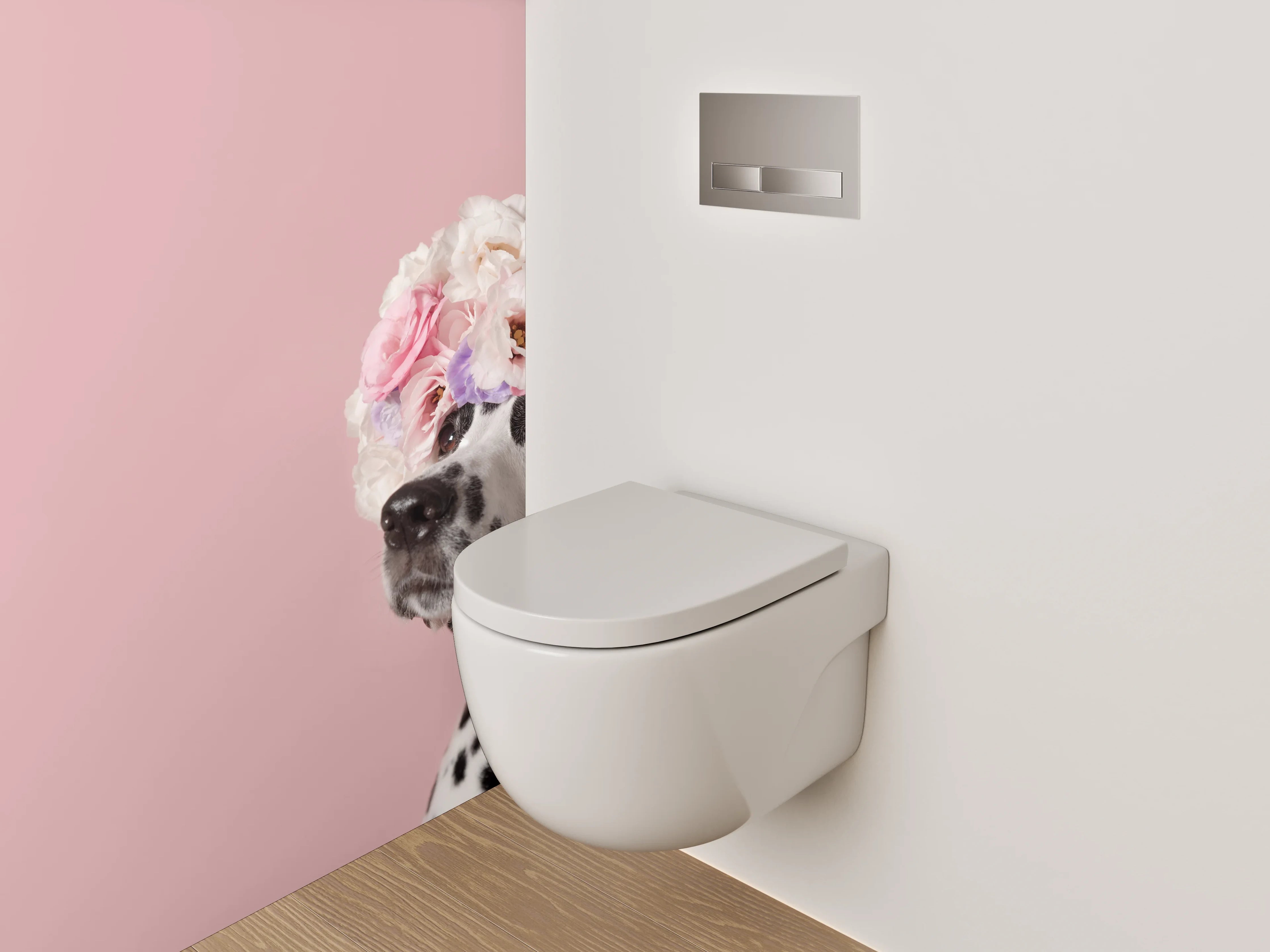 WC-Rückwand - Dalmatiner mit Blumenkranz auf Rosa