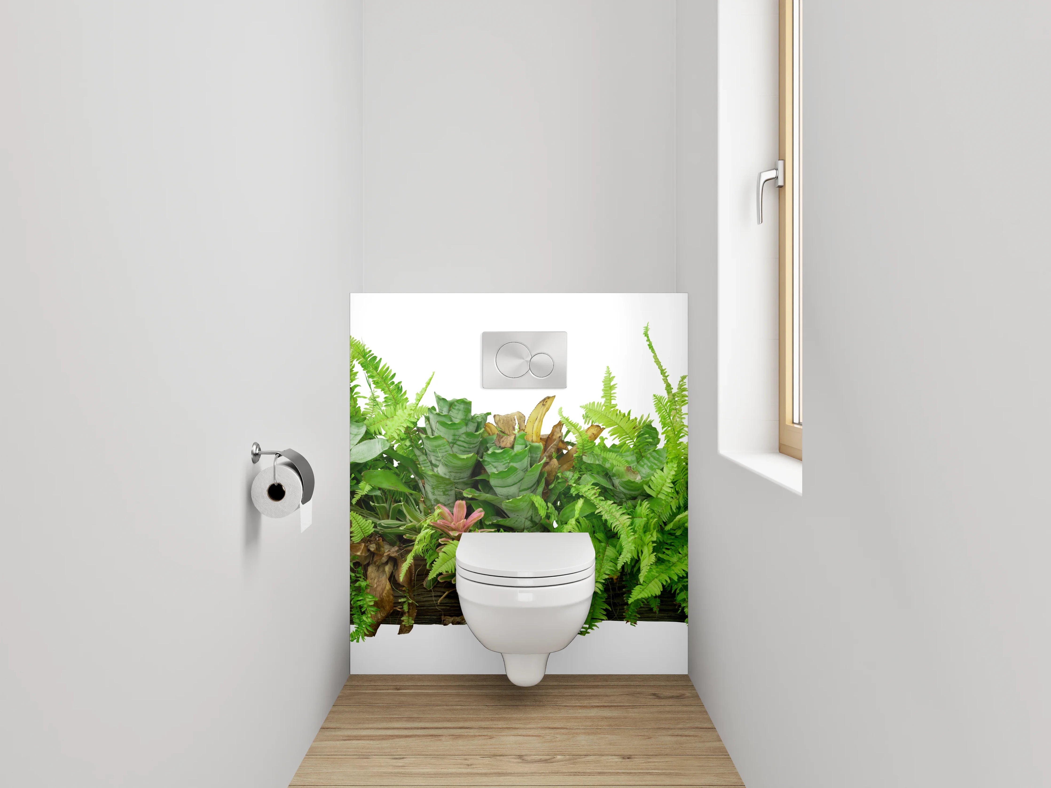 WC-Rückwand - Deko-Holz mit Farnen und Blättern