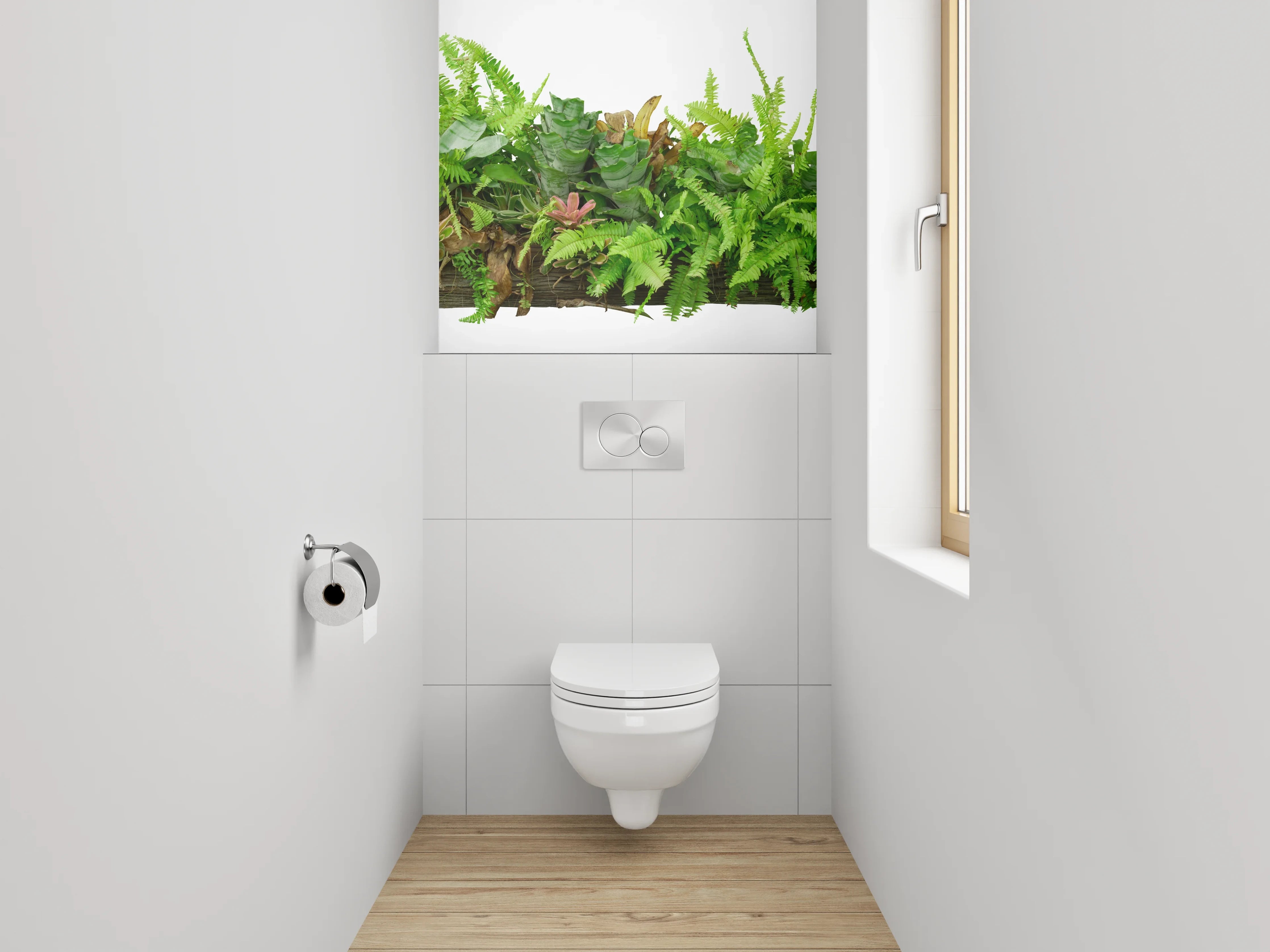 WC-Rückwand - Deko-Holz mit Farnen und Blättern