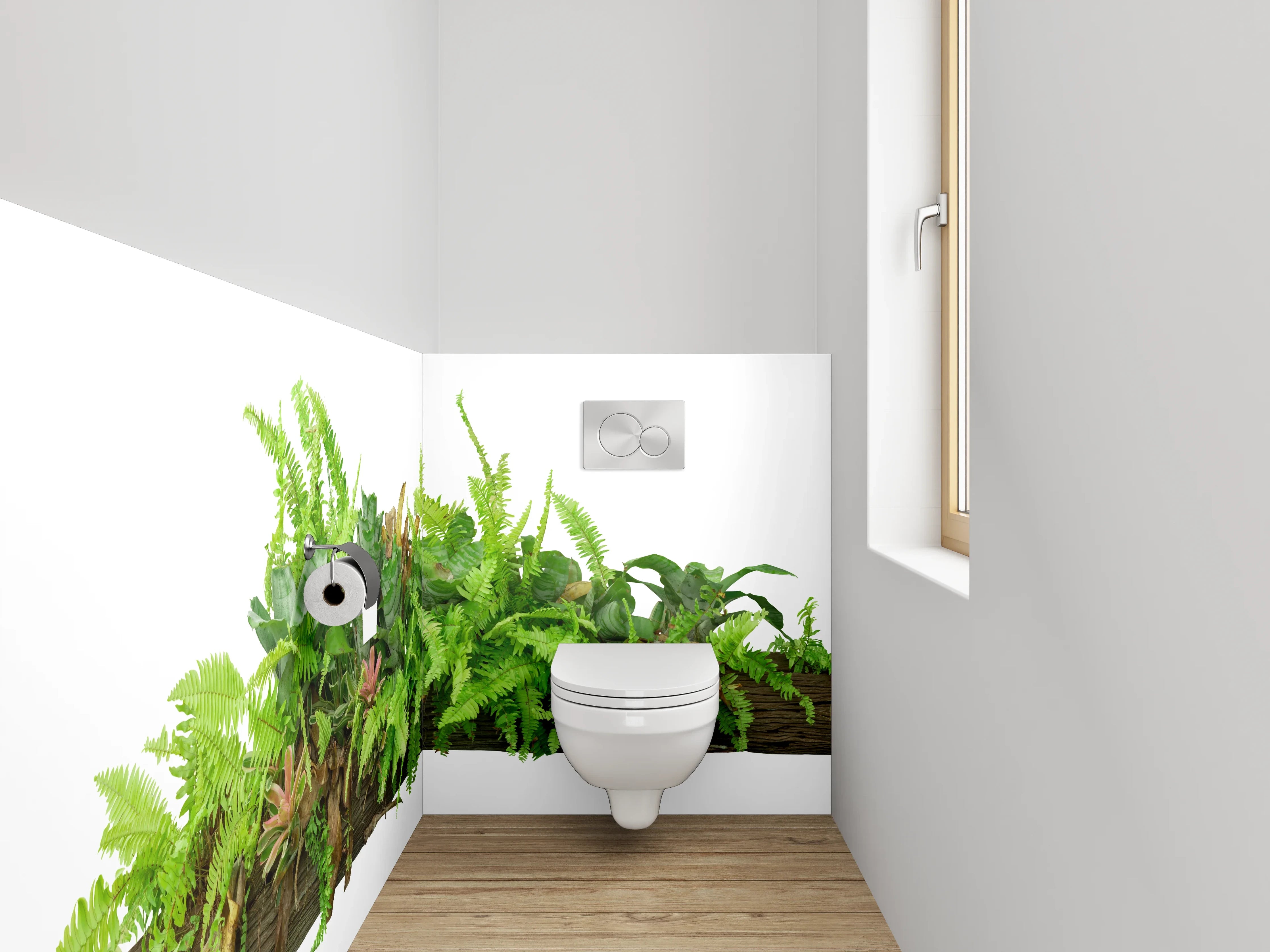 WC-Rückwand - Deko-Holz mit Farnen und Blättern