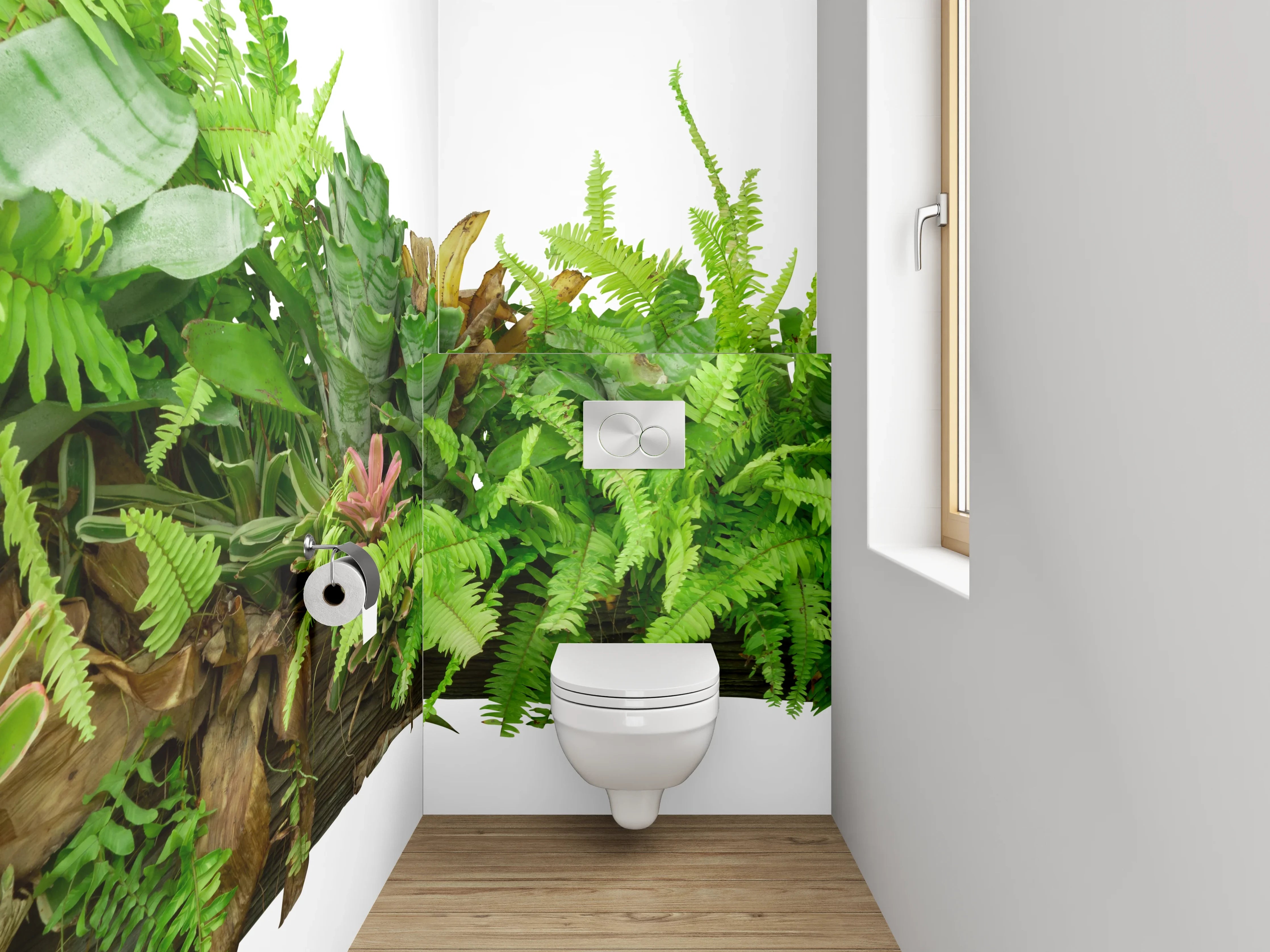 WC-Rückwand - Deko-Holz mit Farnen und Blättern