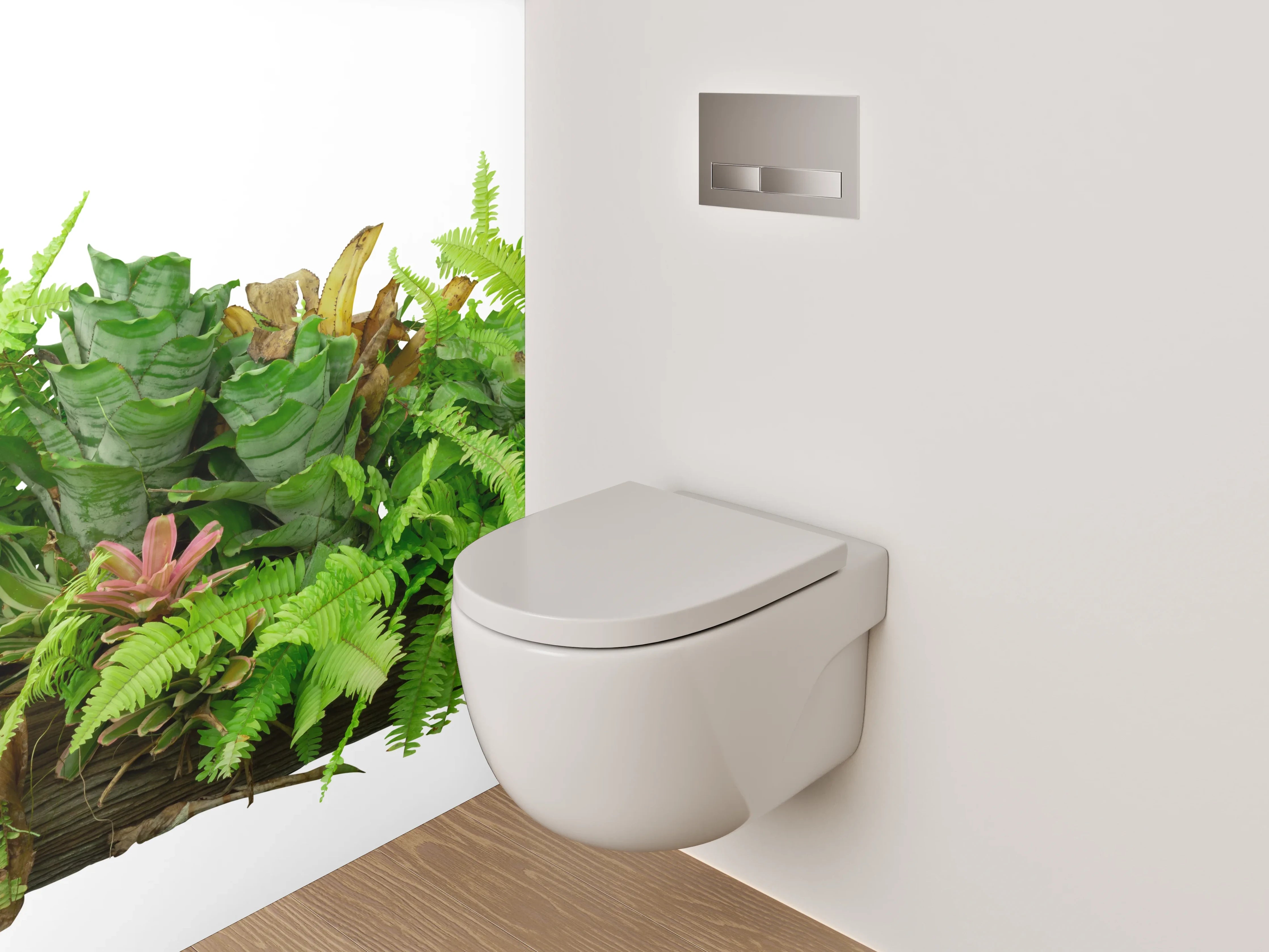 WC-Rückwand - Deko-Holz mit Farnen und Blättern
