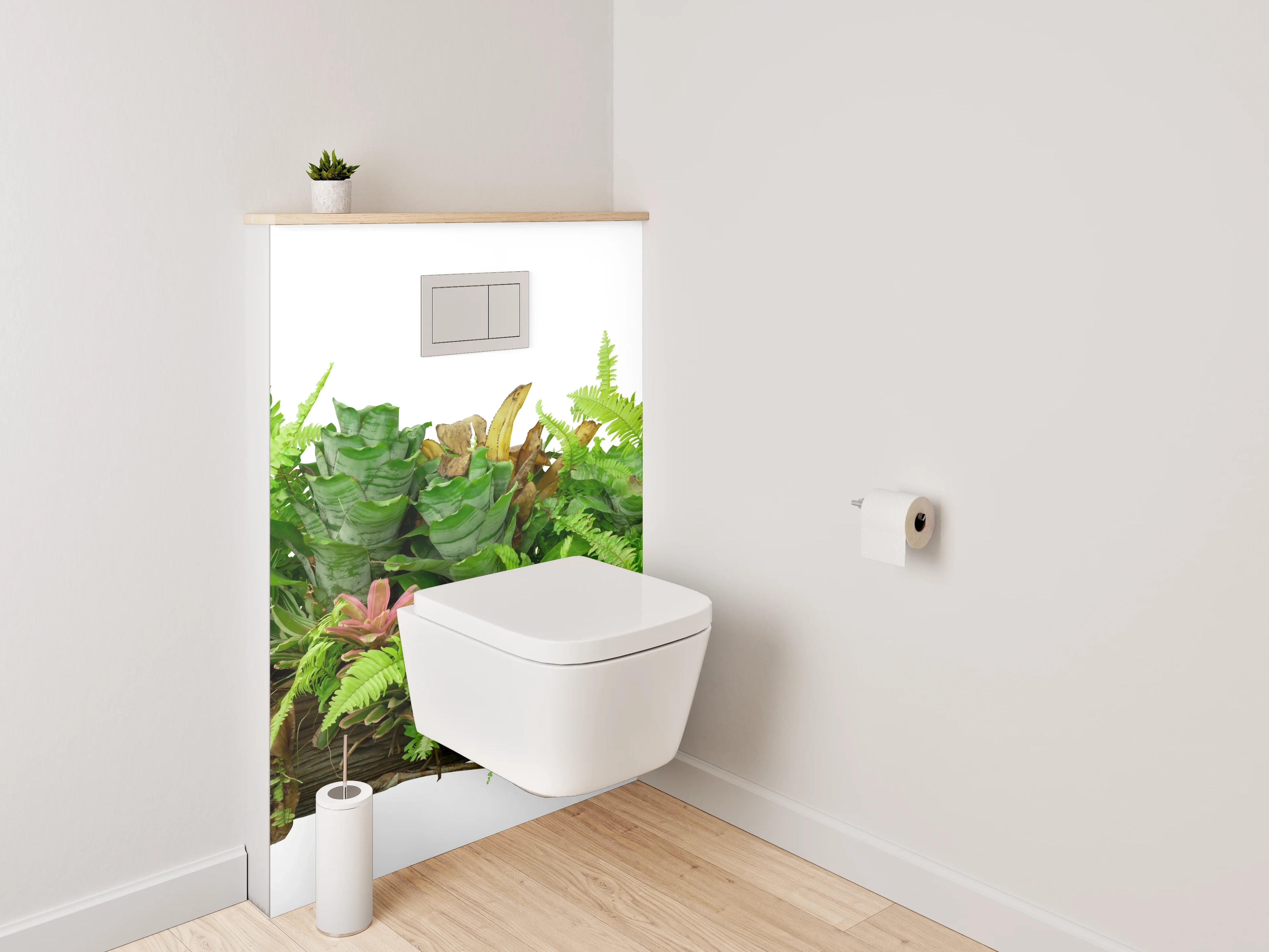 WC-Rückwand - Deko-Holz mit Farnen und Blättern