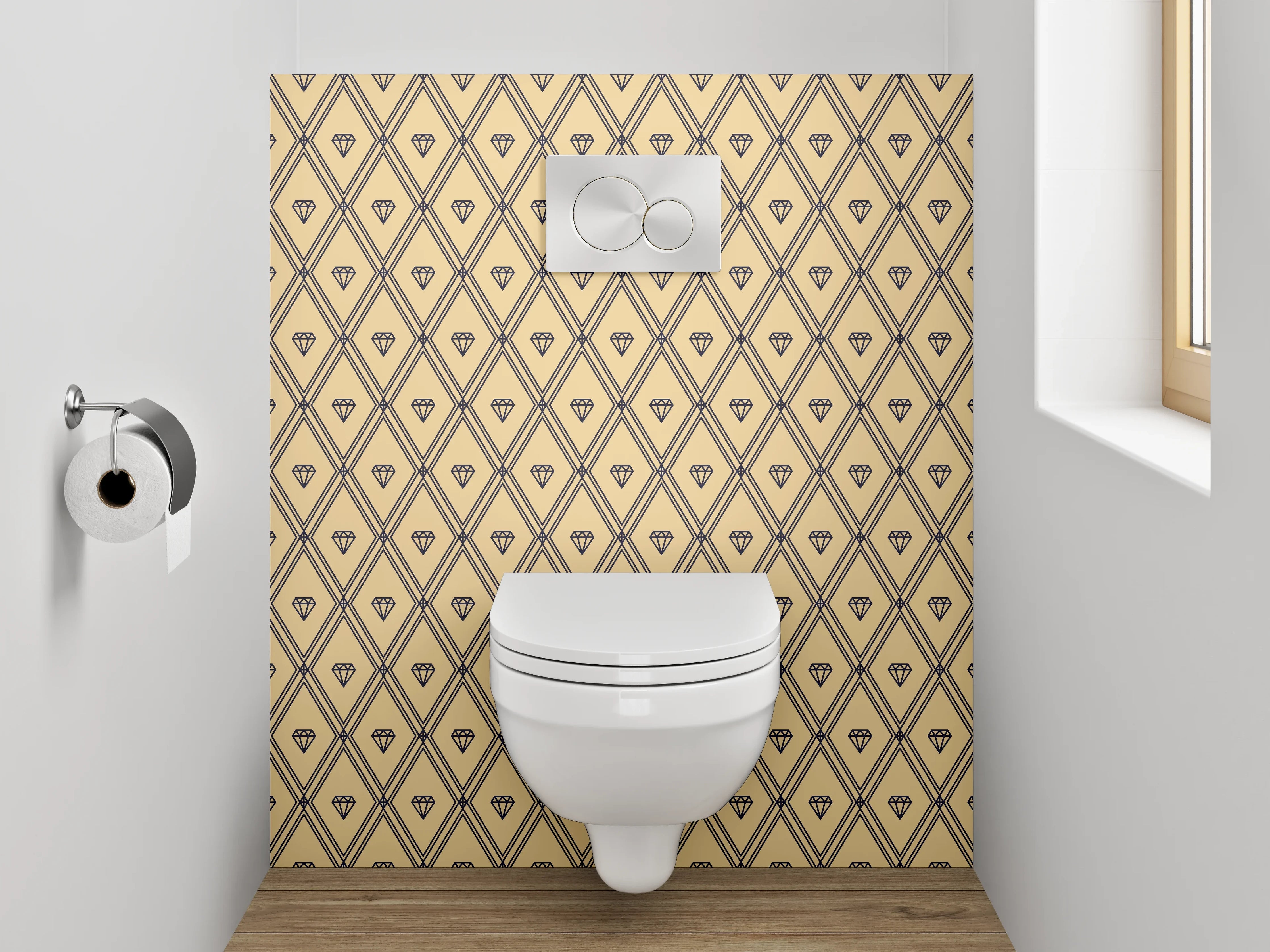 WC-Rückwand - Diamantartiges Art-Deco Muster beige schwarz