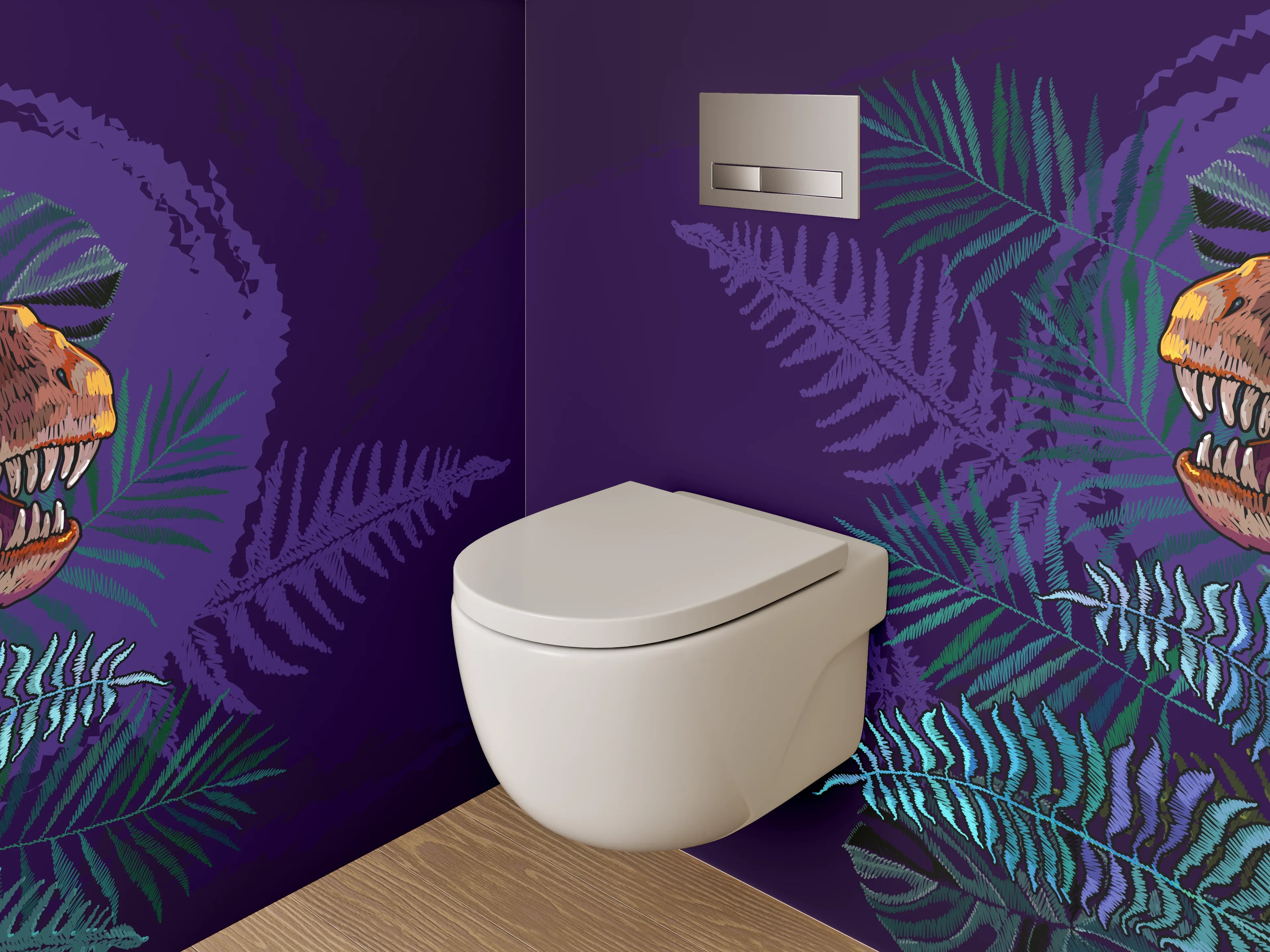 WC-Rückwand - Dinosaurier und Farn Illustration Lila