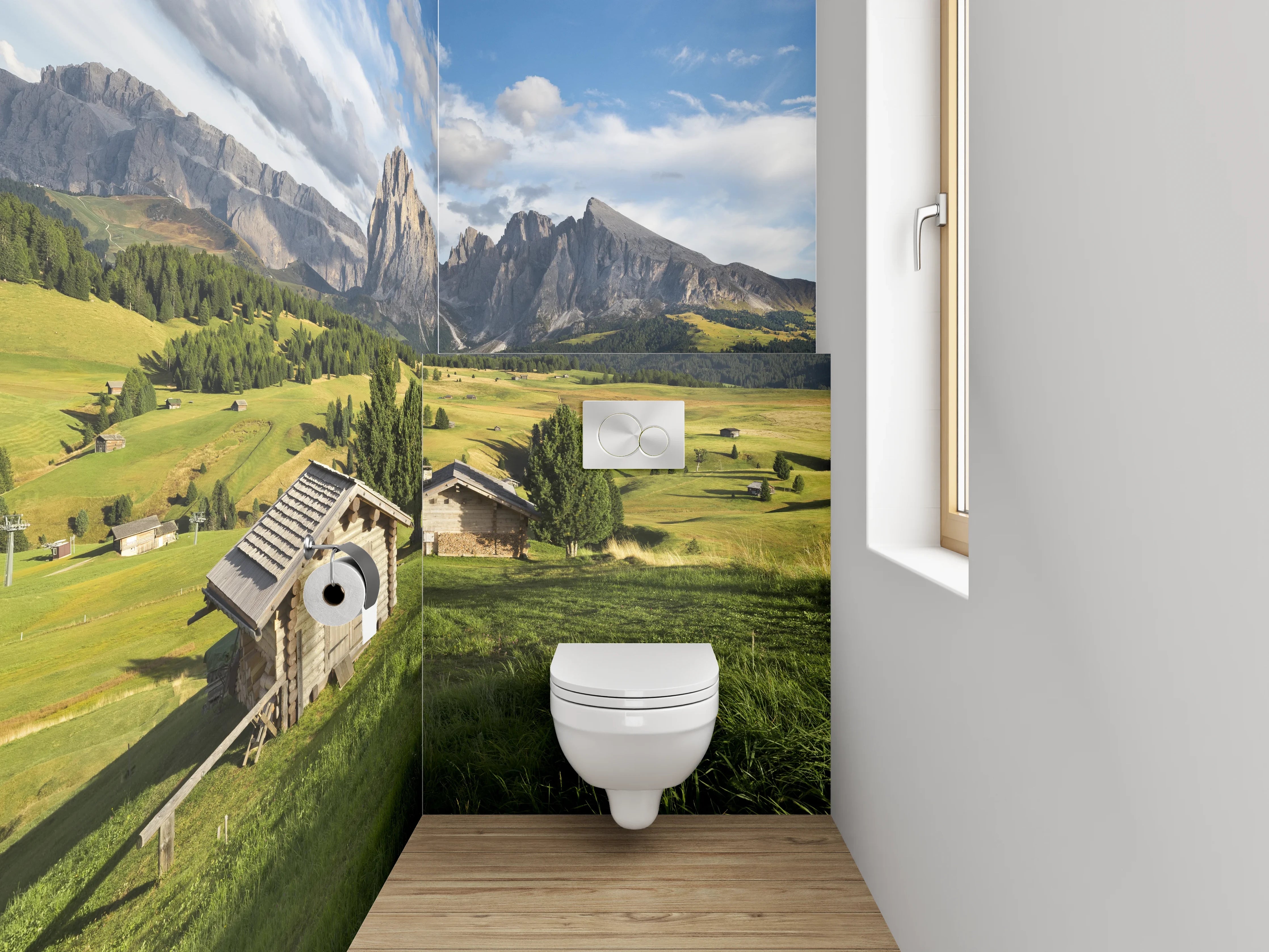 WC-Rückwand - Dolomiten-Alm: Hütten & Bergblick