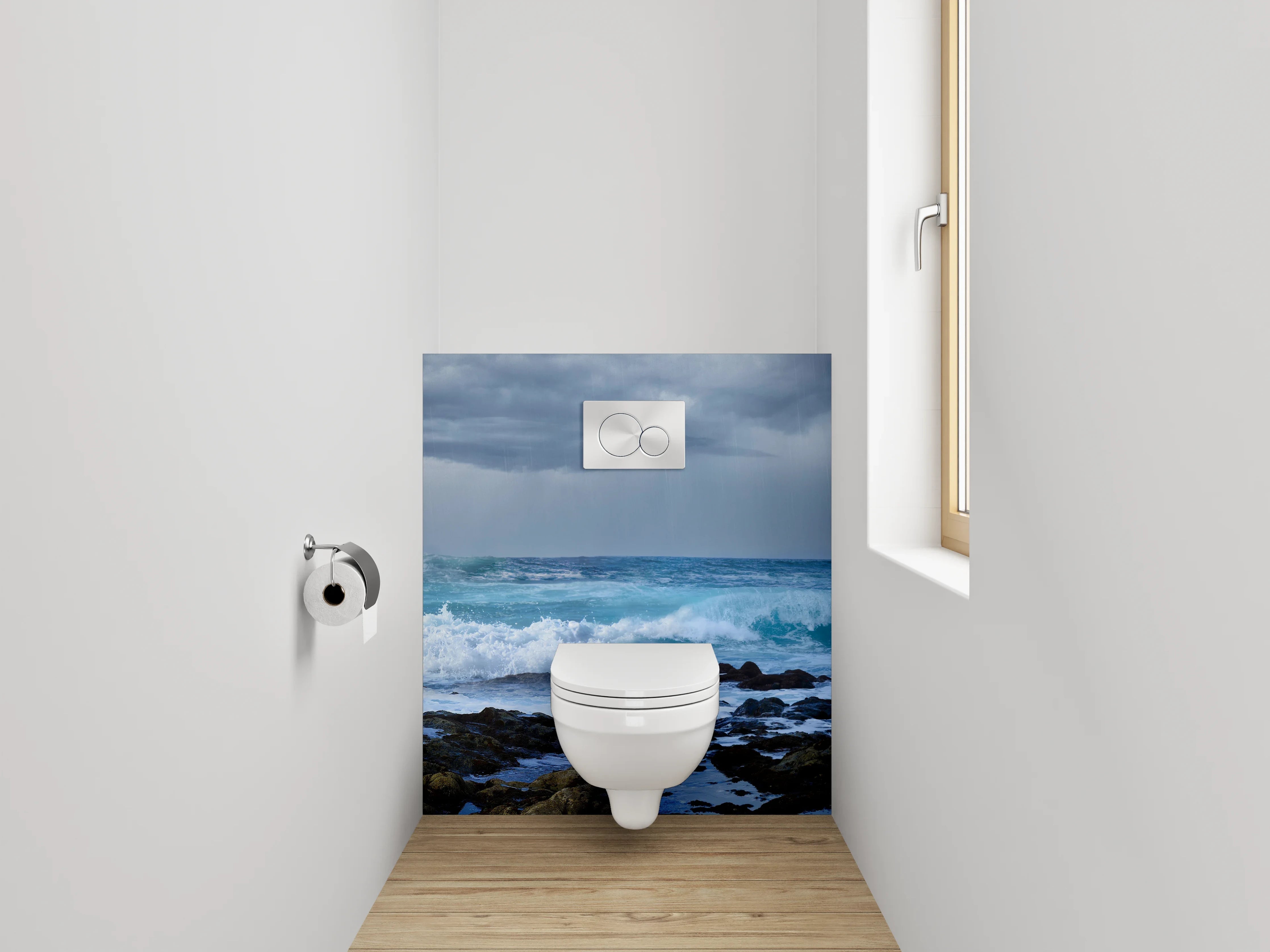 WC-Rückwand - Dramatische Meeresküste unter Sturmwolken