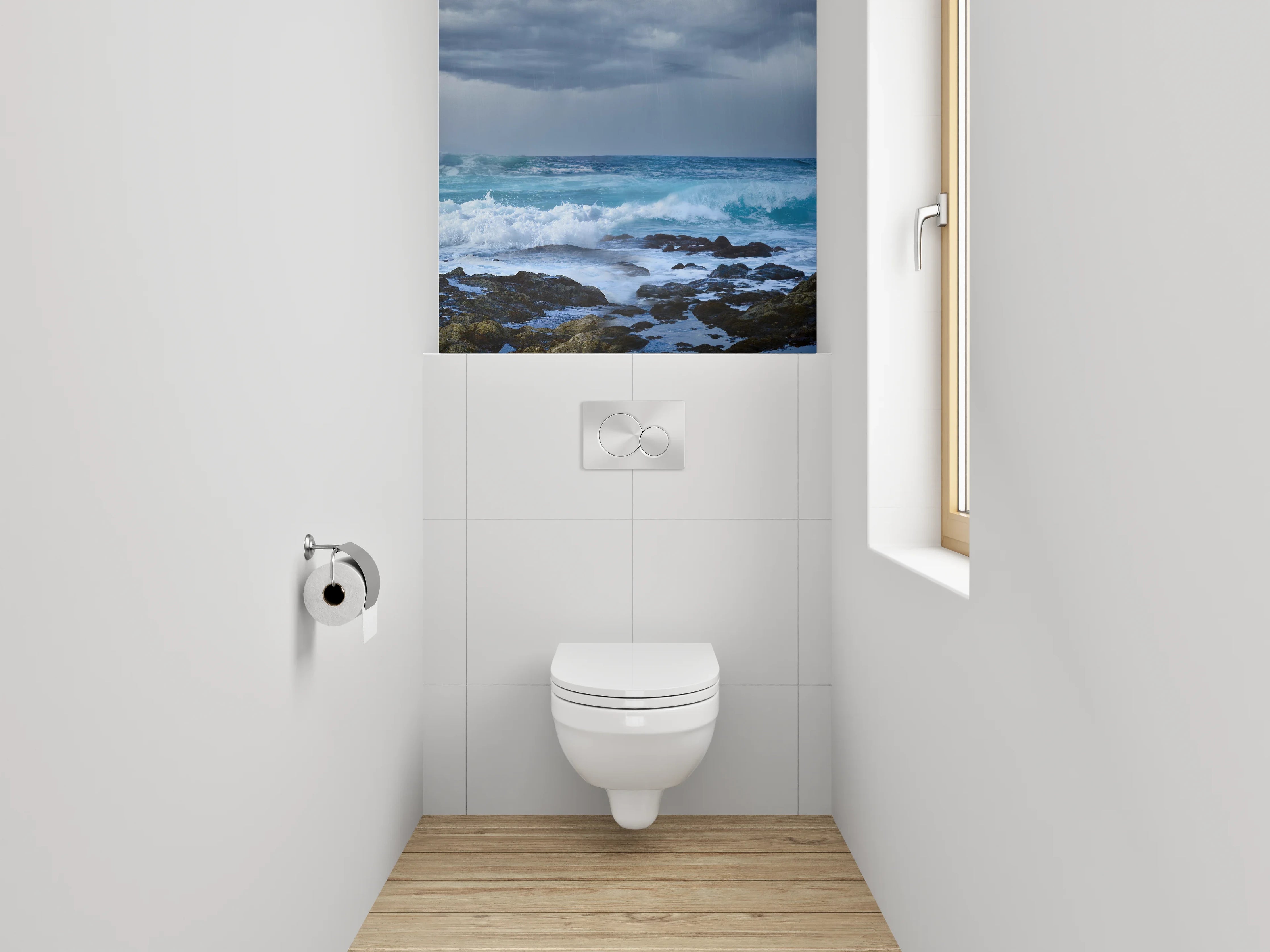 WC-Rückwand - Dramatische Meeresküste unter Sturmwolken