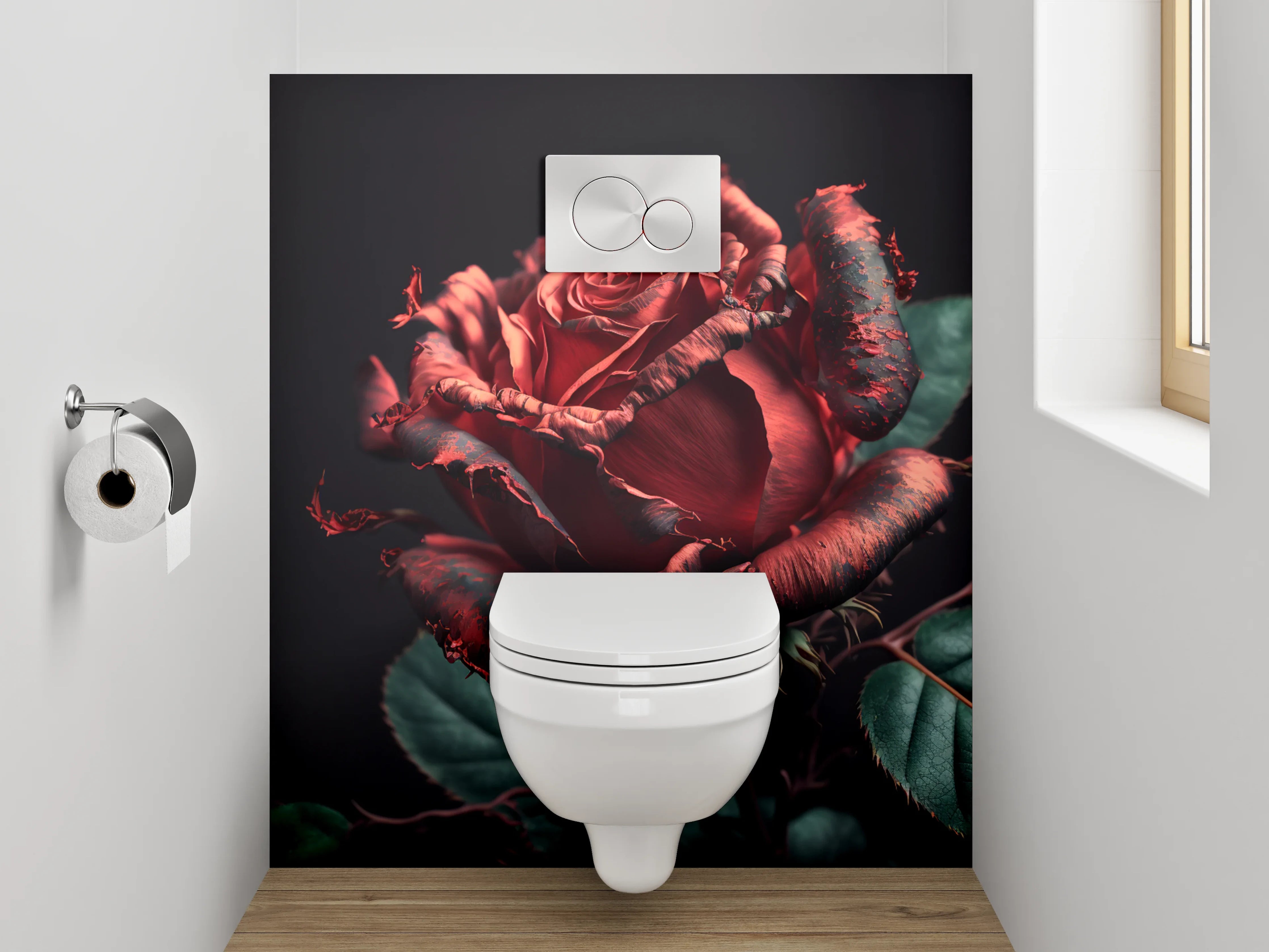 WC-Rückwand - Dramatische rote Rose auf dunklem Grund
