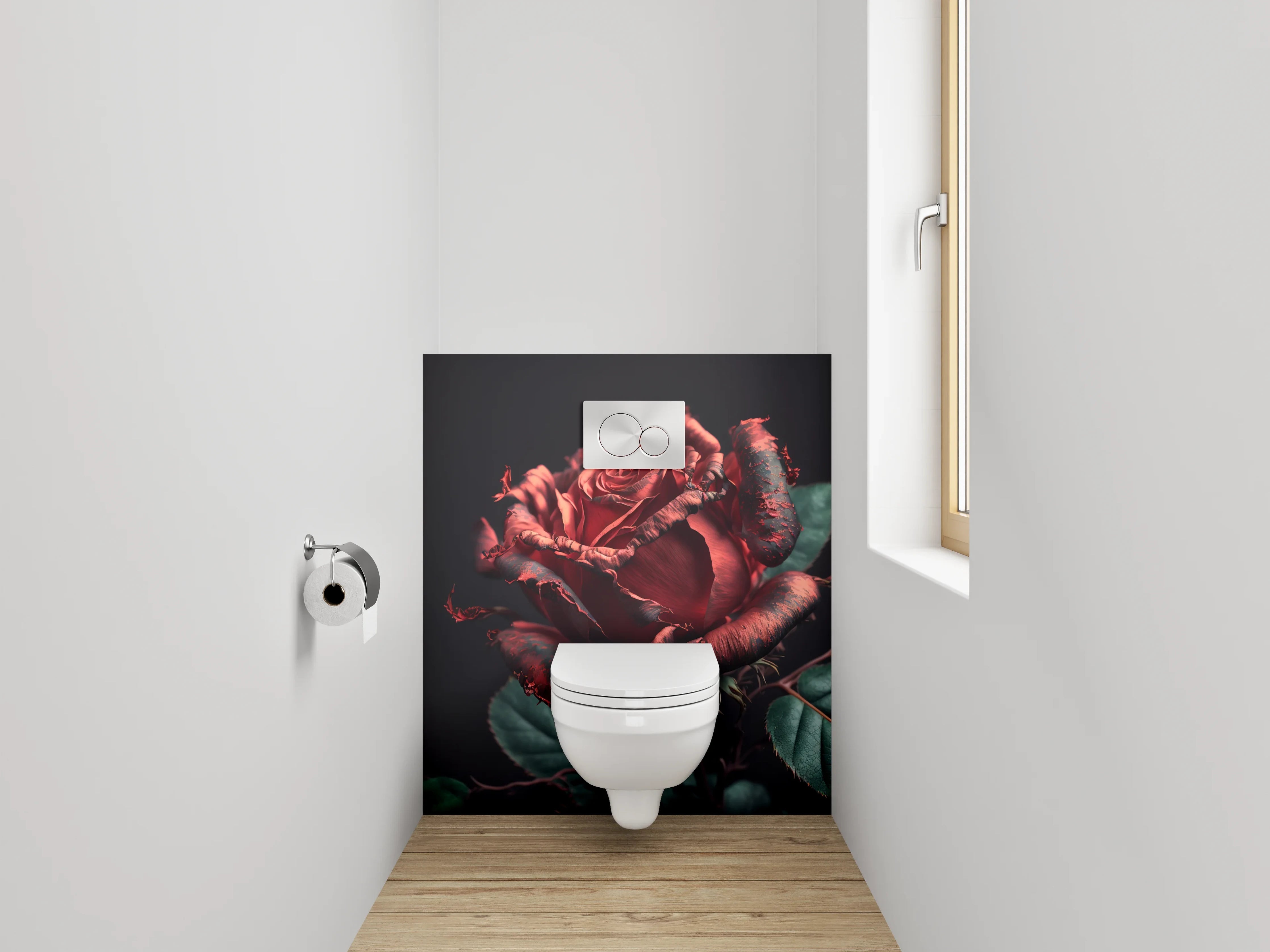 WC-Rückwand - Dramatische rote Rose auf dunklem Grund